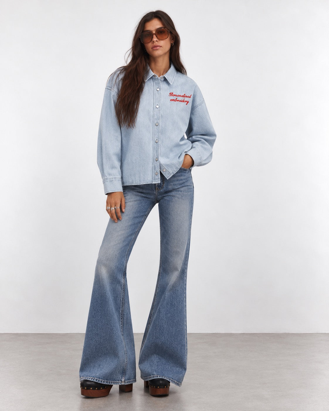 NEW Women's Personalised Left Chest Embroidered Oversized Women's Denim 'Ember' Overshirt  - choose your own words, font, thread colour