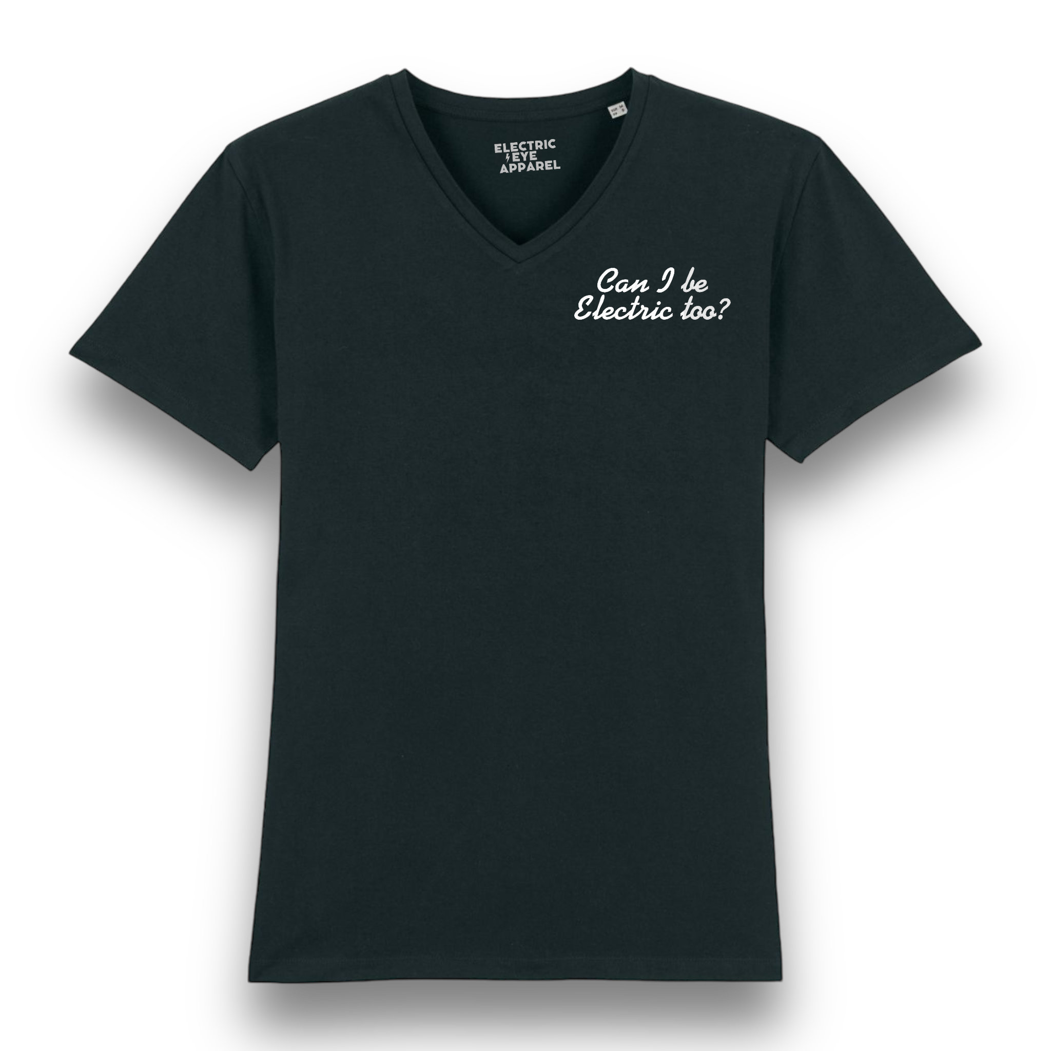 'CAN I BE ELECTRIC TOO?' left chest embroidered premium organic men's medium fit v-neck 'presenter' t-shirt - inspired by Oasis