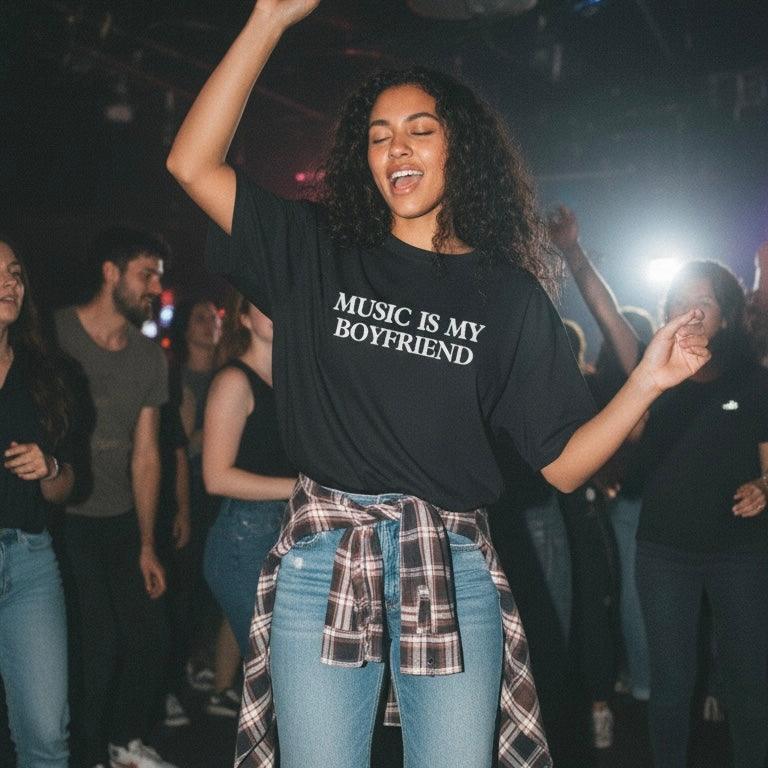 'MUSIC IS MY BOYFRIEND' embroidered premium organic cotton women's cropped boxy fit 'Raya' t-shirt