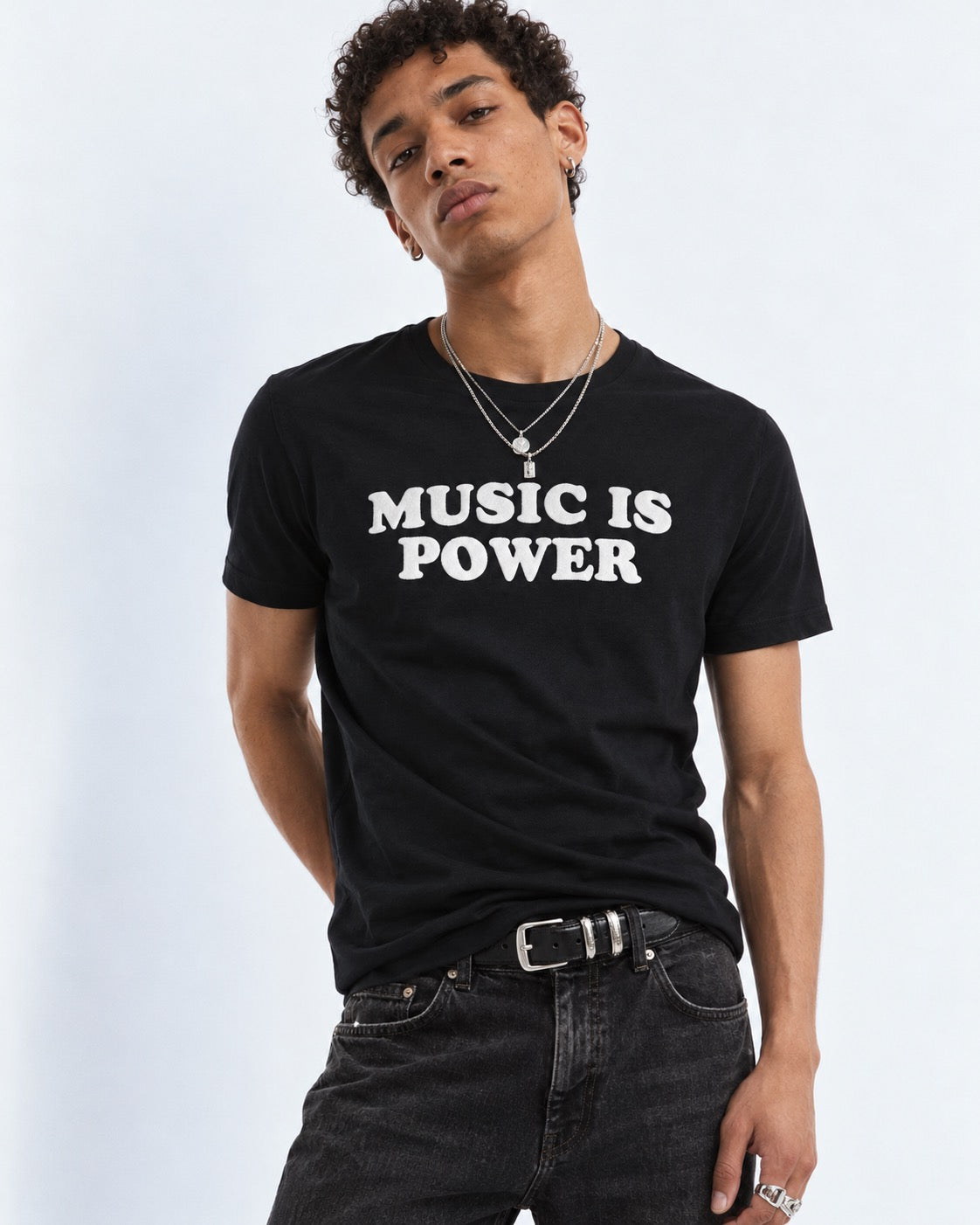 Men's 'MUSIC IS POWER' embroidered premium organic iconic classic crew neck 'Rocker' t-shirt