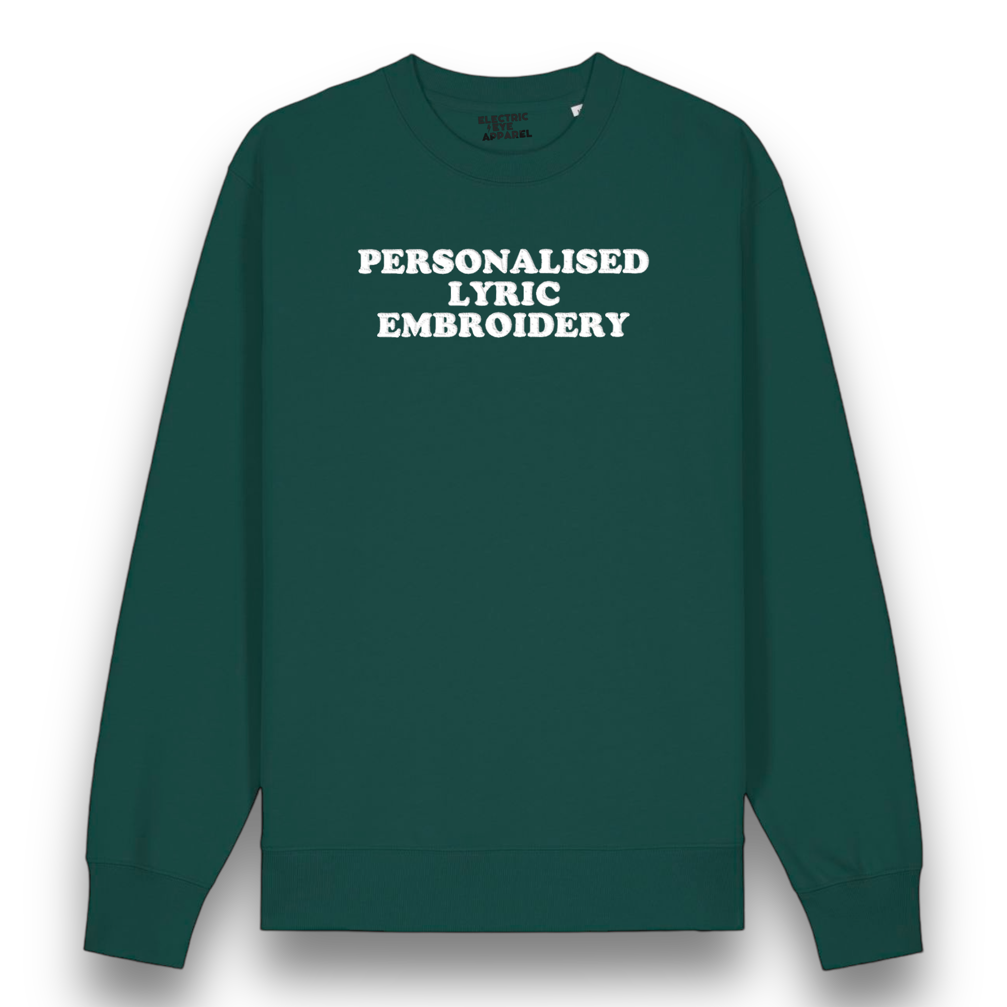 Personalised Lyric Centre Chest Embroidered premium organic unisex classic crew neck 'Changer' sweatshirt - choose your own lyrics, font and thread colour