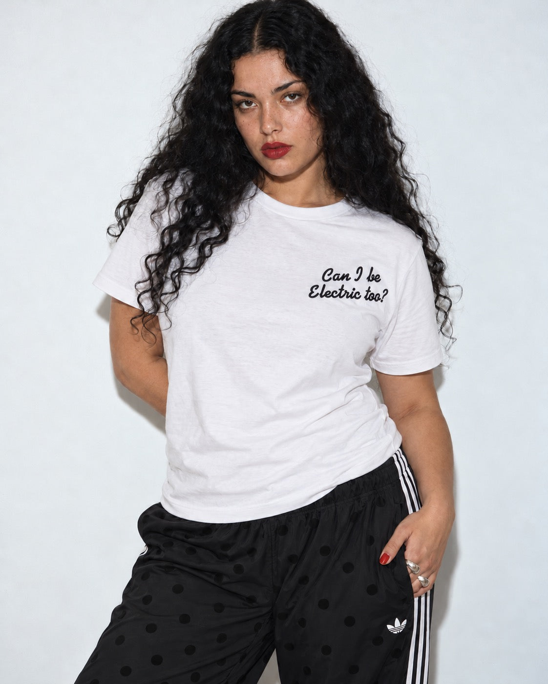 Women's 'CAN I BE ELECTRIC TOO?' left chest embroidered premium organic medium fit 'Muser' t-shirt