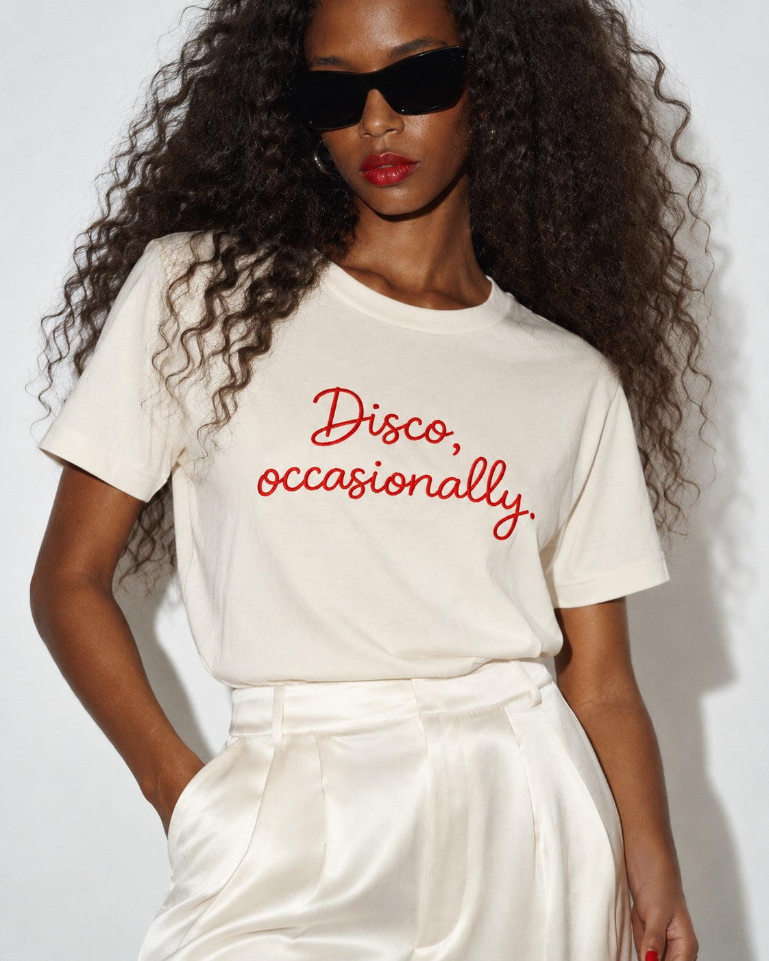 'DISCO, OCCASIONALLY' embroidered premium organic women's classic fit 'Muser' t-shirt