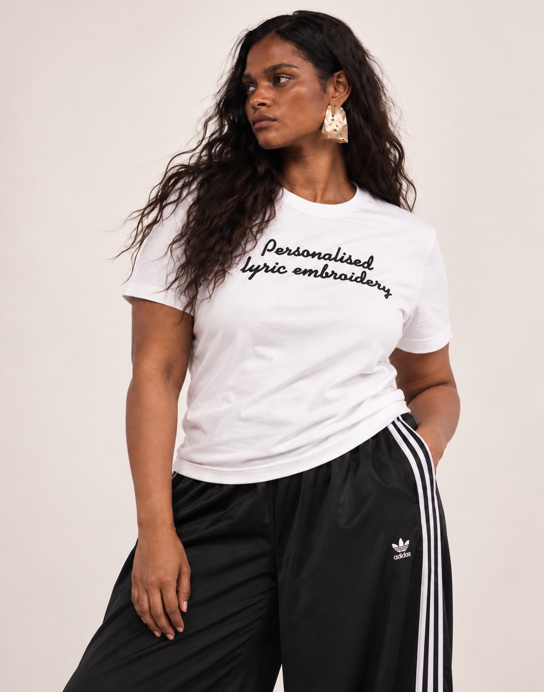 Personalised Lyric Centre Chest Embroidered premium organic iconic women's 'Muser' t-shirt - choose your own lyrics, font and thread colour