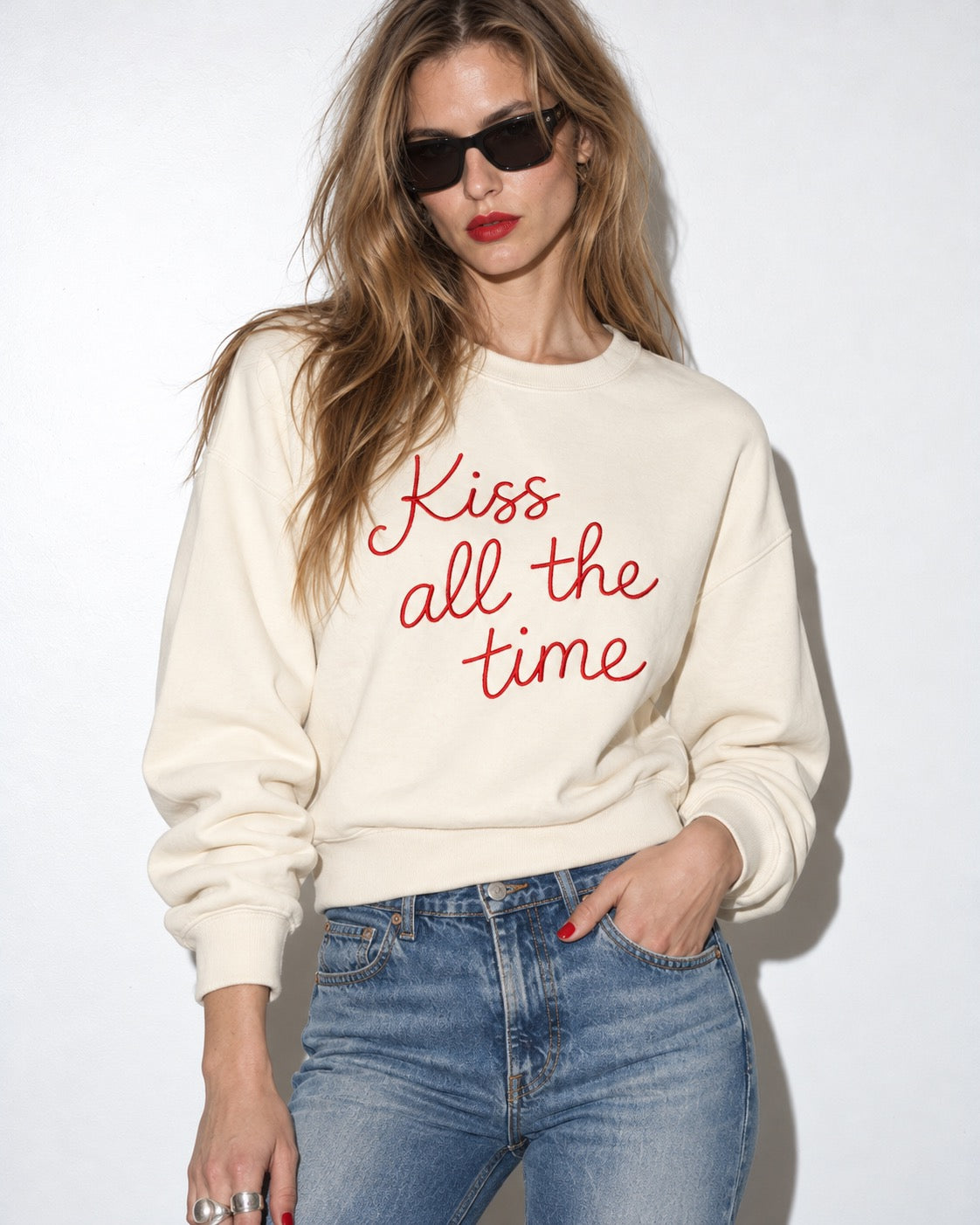 Women's 'KISS ALL THE TIME' embroidered organic cotton women's 'Alma' sweatshirt