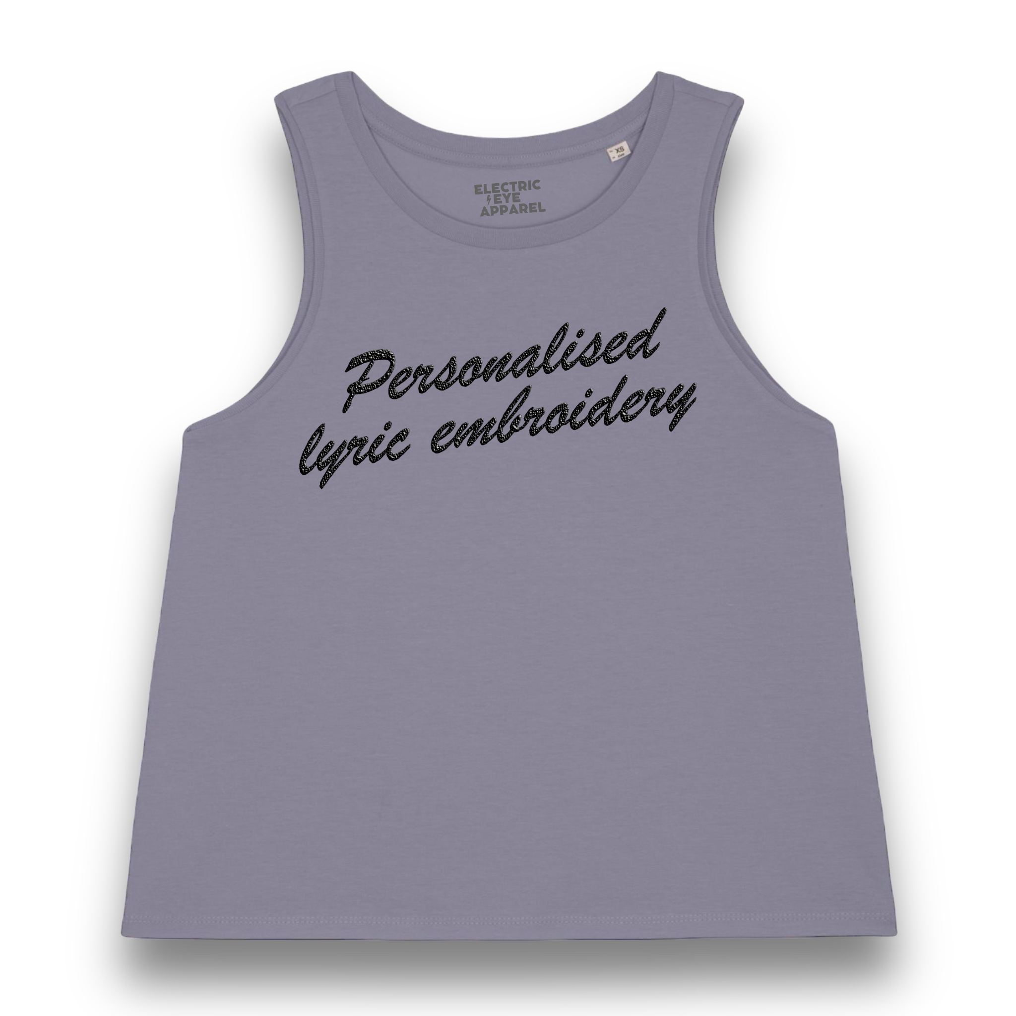 Personalised Lyric Centre Chest Embroidered premium organic iconic women's crop 'Dancer' tank top - choose your own lyrics, font and thread colour