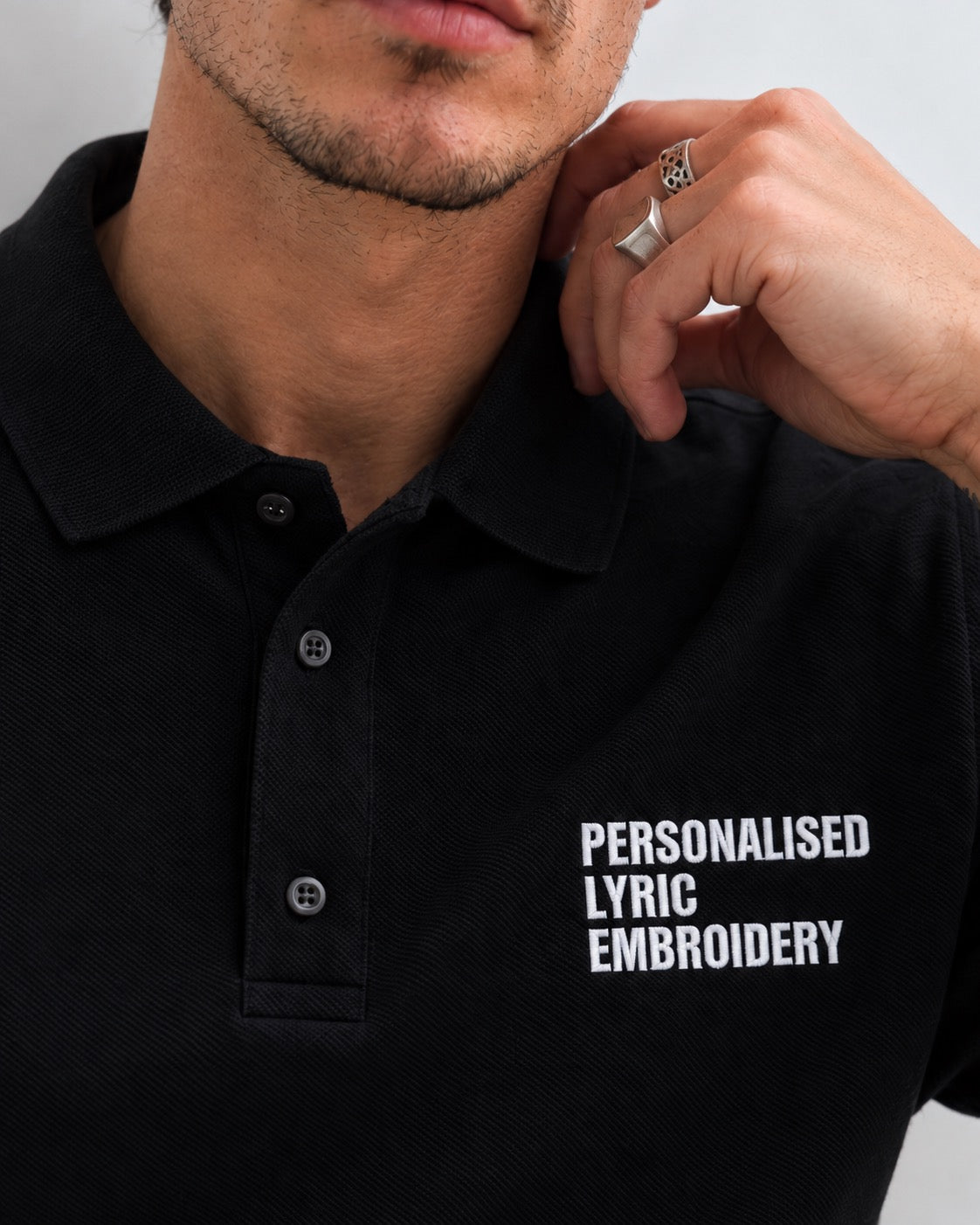 Men's Personalised Lyric Left Chest Embroidered premium organic iconic men's classic 'Carnaby' polo t-shirt