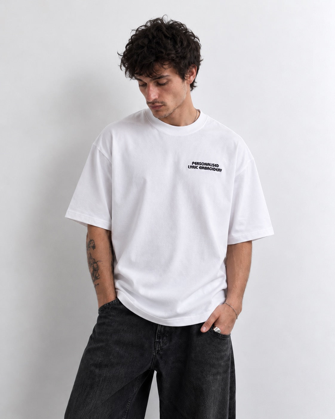 Men's Personalised Lyric Left Chest Embroidered premium organic iconic heavy dropped shoulder 'Blaster' t-shirt