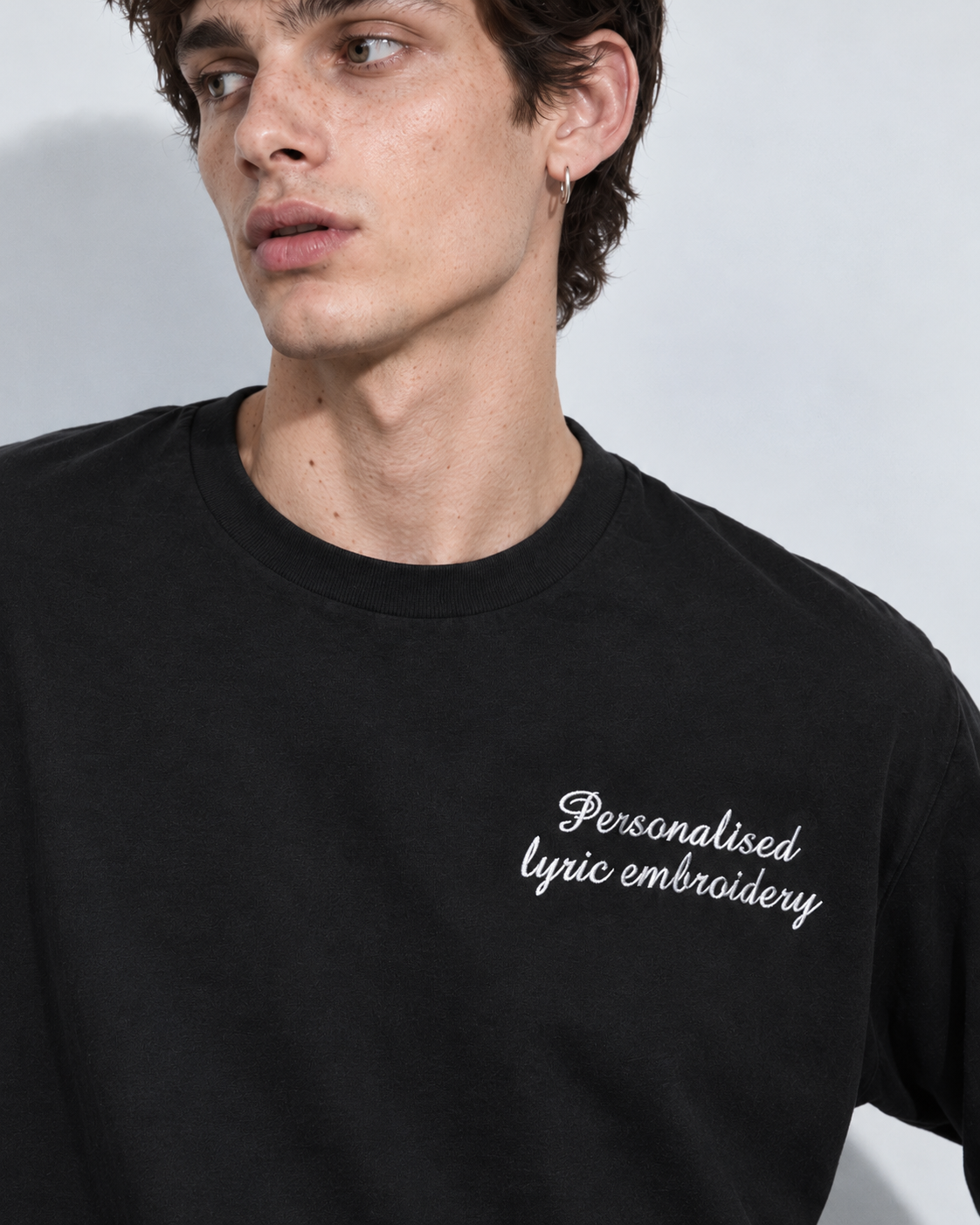 Personalised Lyric Left Chest Embroidered premium organic iconic unisex 'Long Sleeve Creator 2.0' t-shirt - choose your own lyrics, font and thread colour