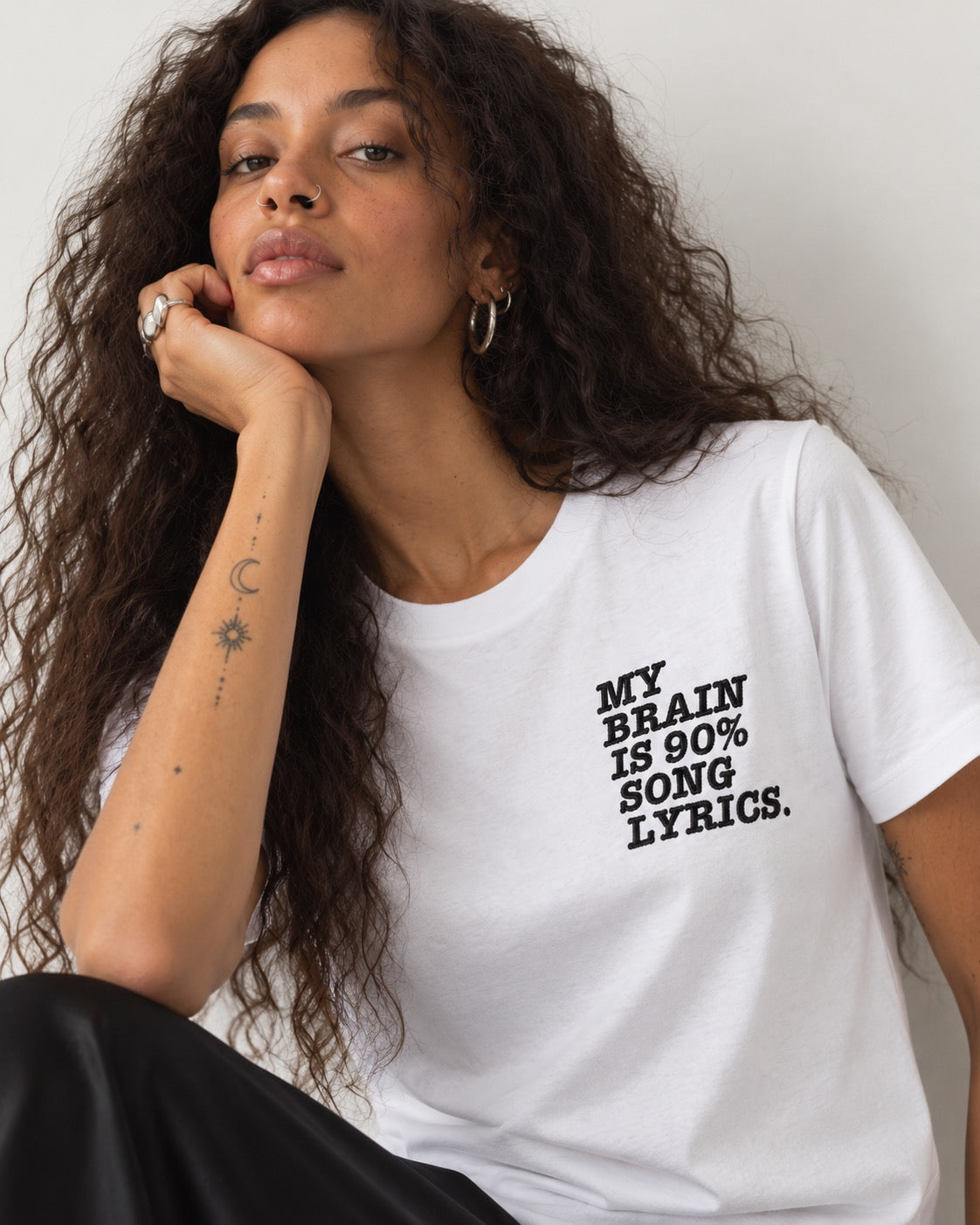 'MY BRAIN IS 90% SONG LYRICS' women's left chest embroidered premium organic medium fit 'Muser' t-shirt