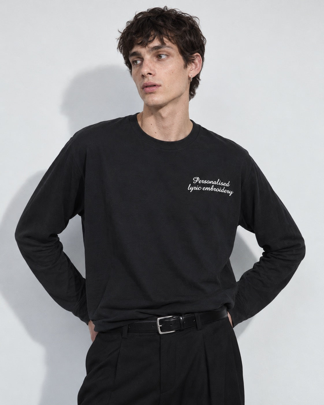 Personalised Lyric Left Chest Embroidered premium organic iconic unisex 'Long Sleeve Creator 2.0' t-shirt - choose your own lyrics, font and thread colour