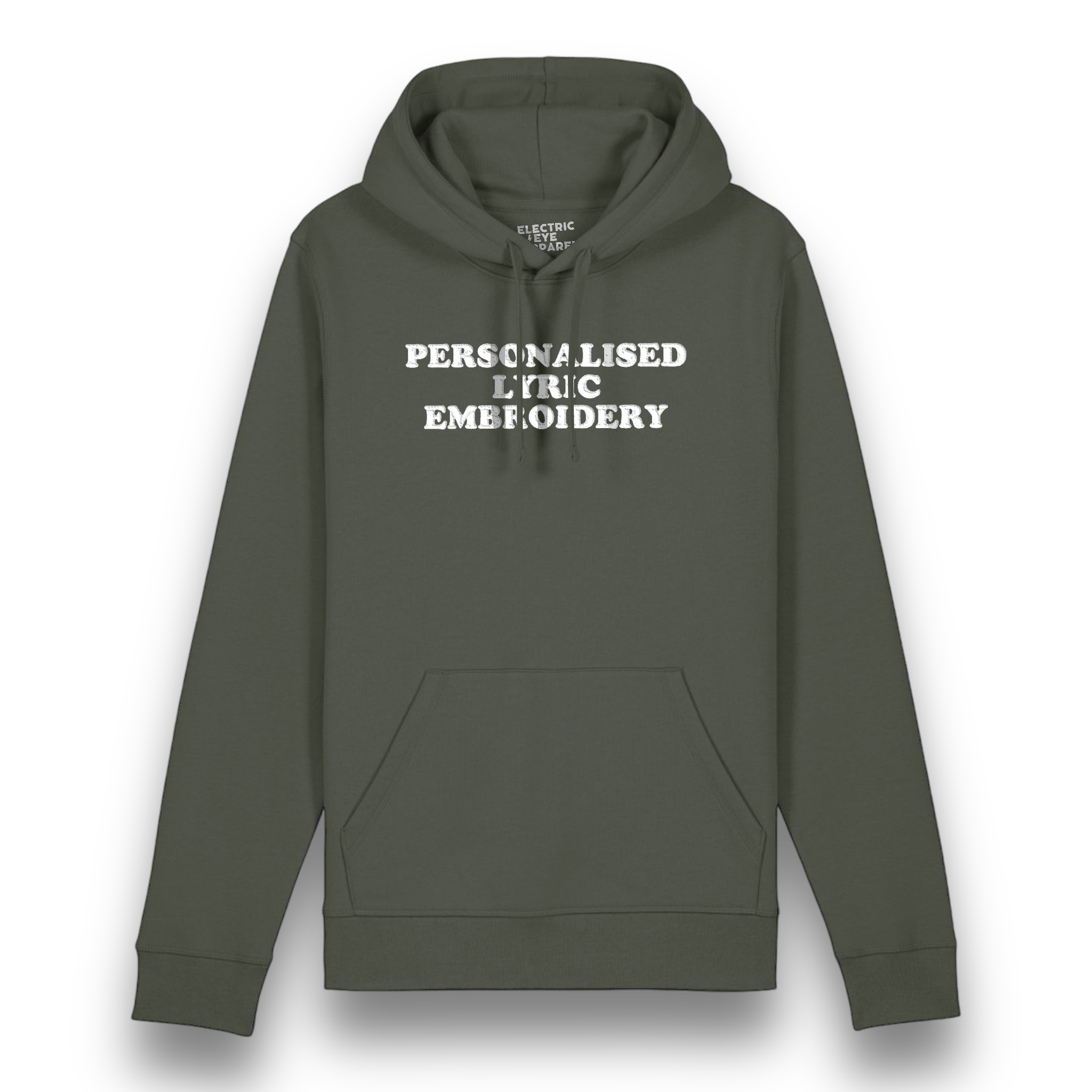 Personalised Lyric Centre Chest Embroidered premium organic unisex iconic 'Drummer' hoodie - choose your own lyrics, font and thread colour