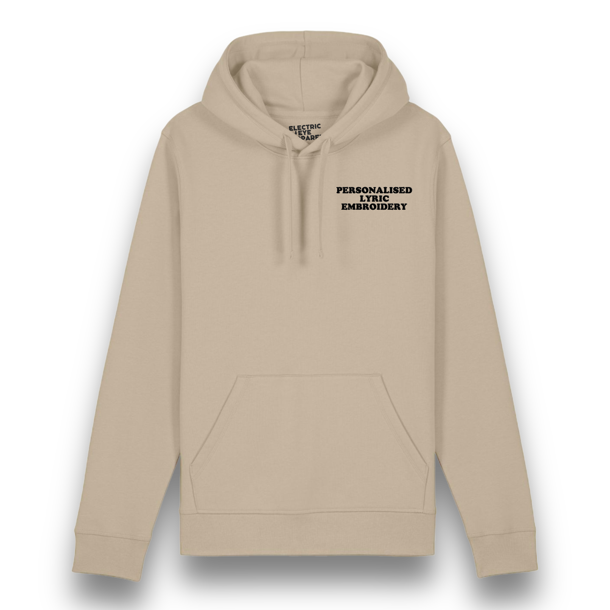 Personalised Lyric Left Chest Embroidered premium organic unisex iconic 'Drummer' hoodie - choose your own lyrics, font and thread colour