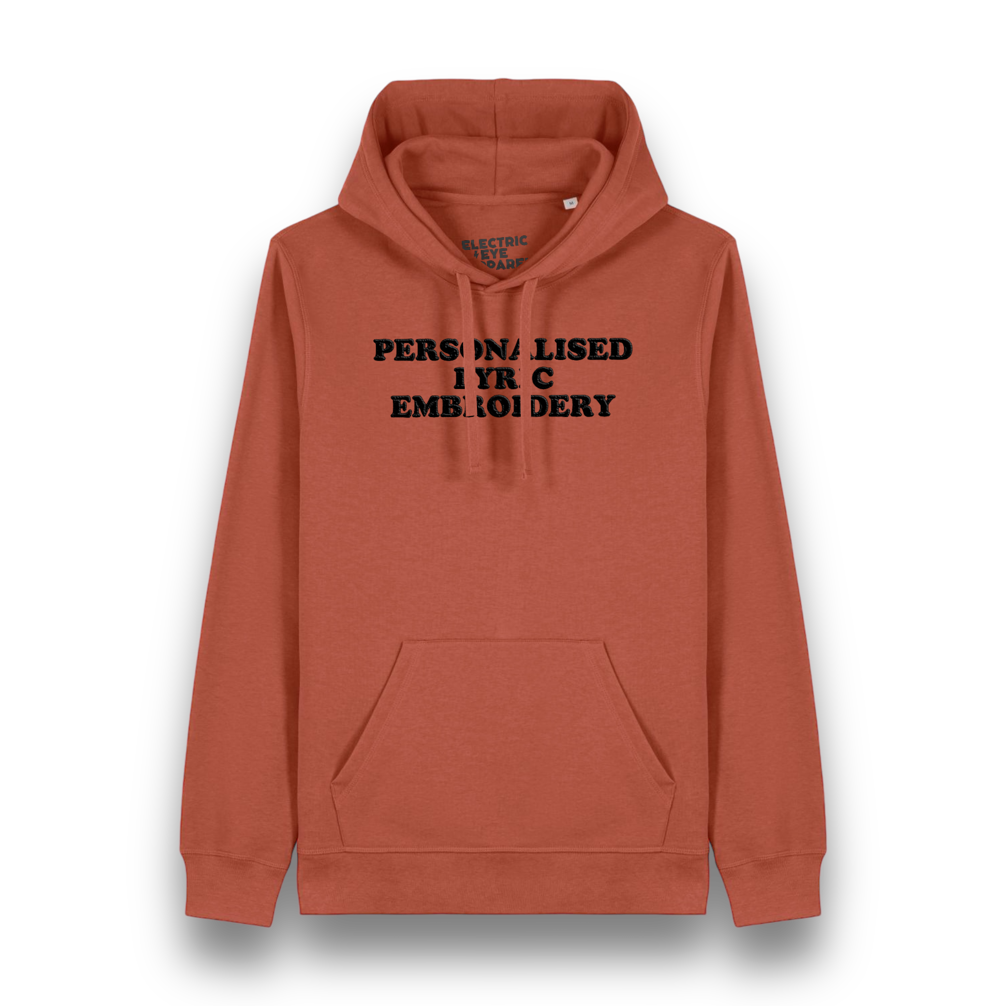 Personalised Lyric Centre Chest Embroidered premium organic unisex iconic 'Drummer' hoodie - choose your own lyrics, font and thread colour