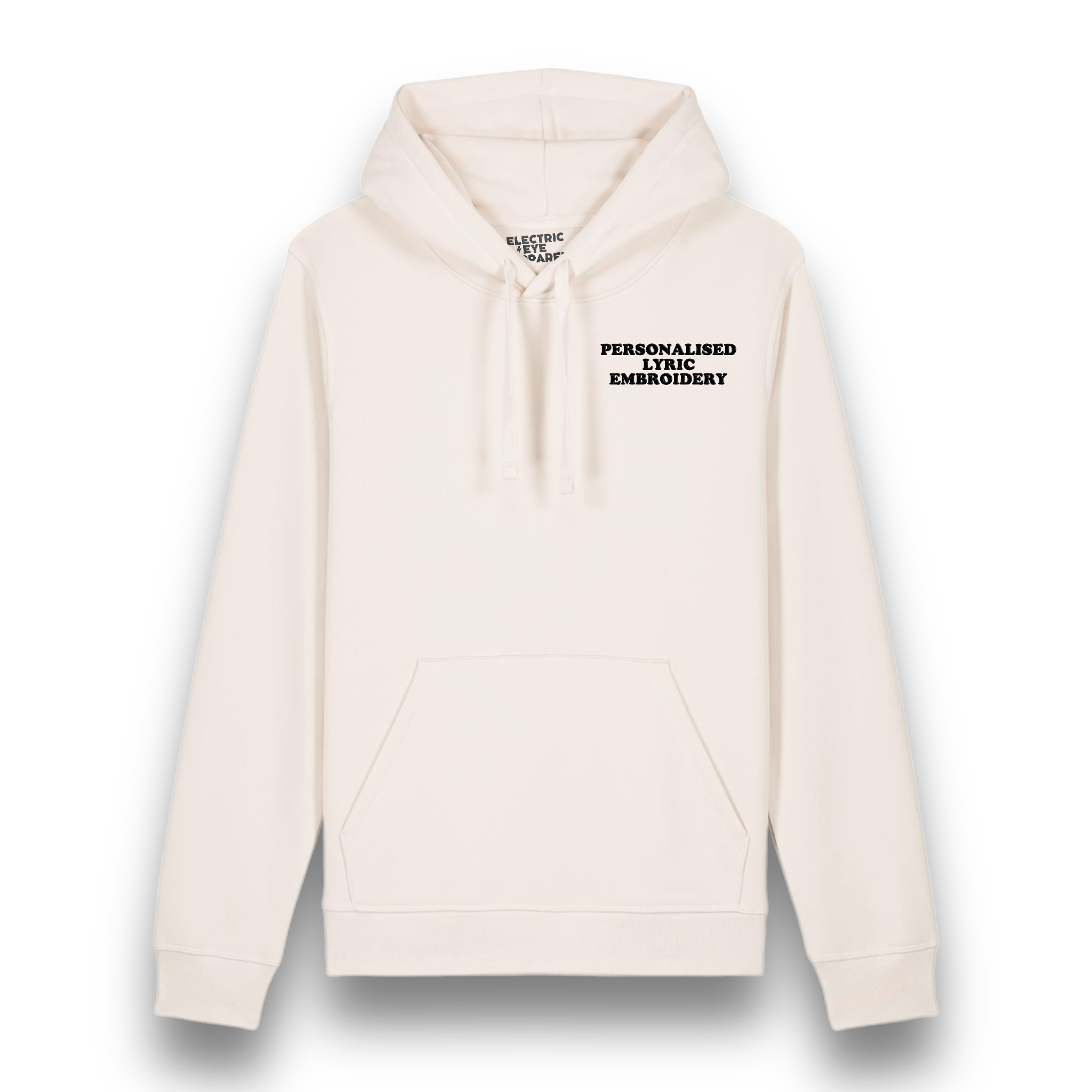 Personalised Lyric Left Chest Embroidered premium organic unisex iconic 'Drummer' hoodie - choose your own lyrics, font and thread colour