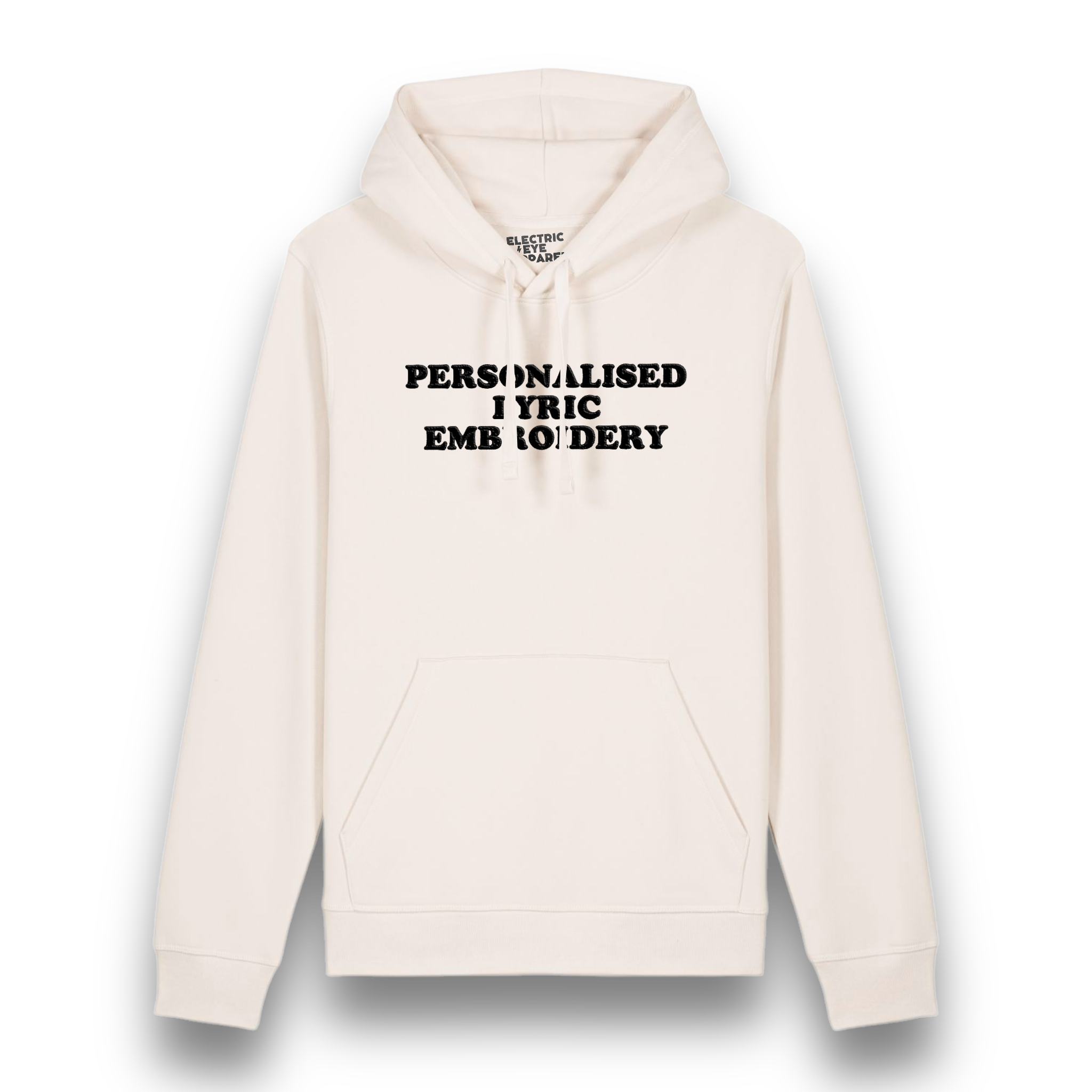 Personalised Lyric Centre Chest Embroidered premium organic unisex iconic 'Drummer' hoodie - choose your own lyrics, font and thread colour