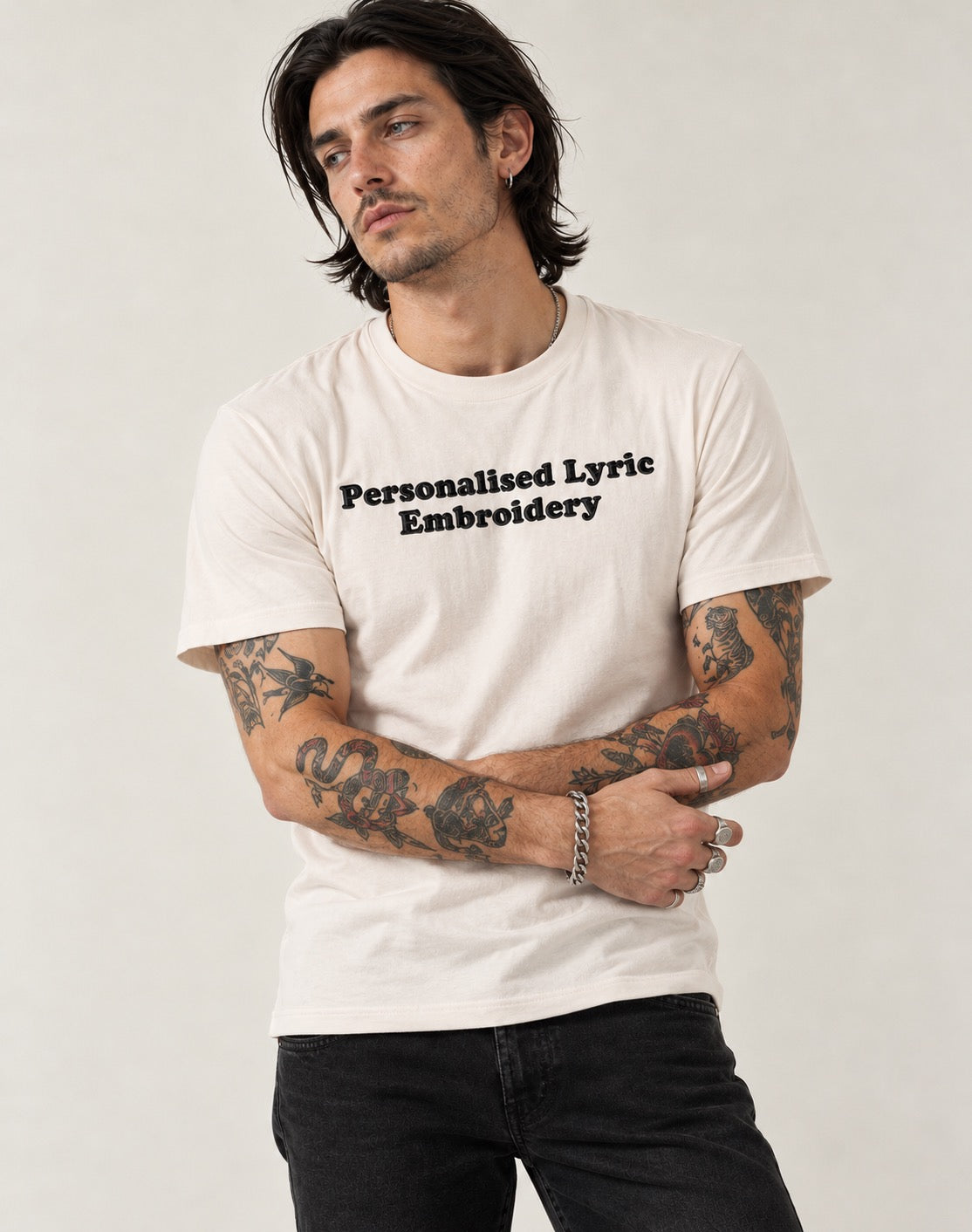 Personalised Lyric Centre Chest Embroidered premium organic iconic men's 'Rocker' t-shirt - choose your own lyrics, font and thread colour