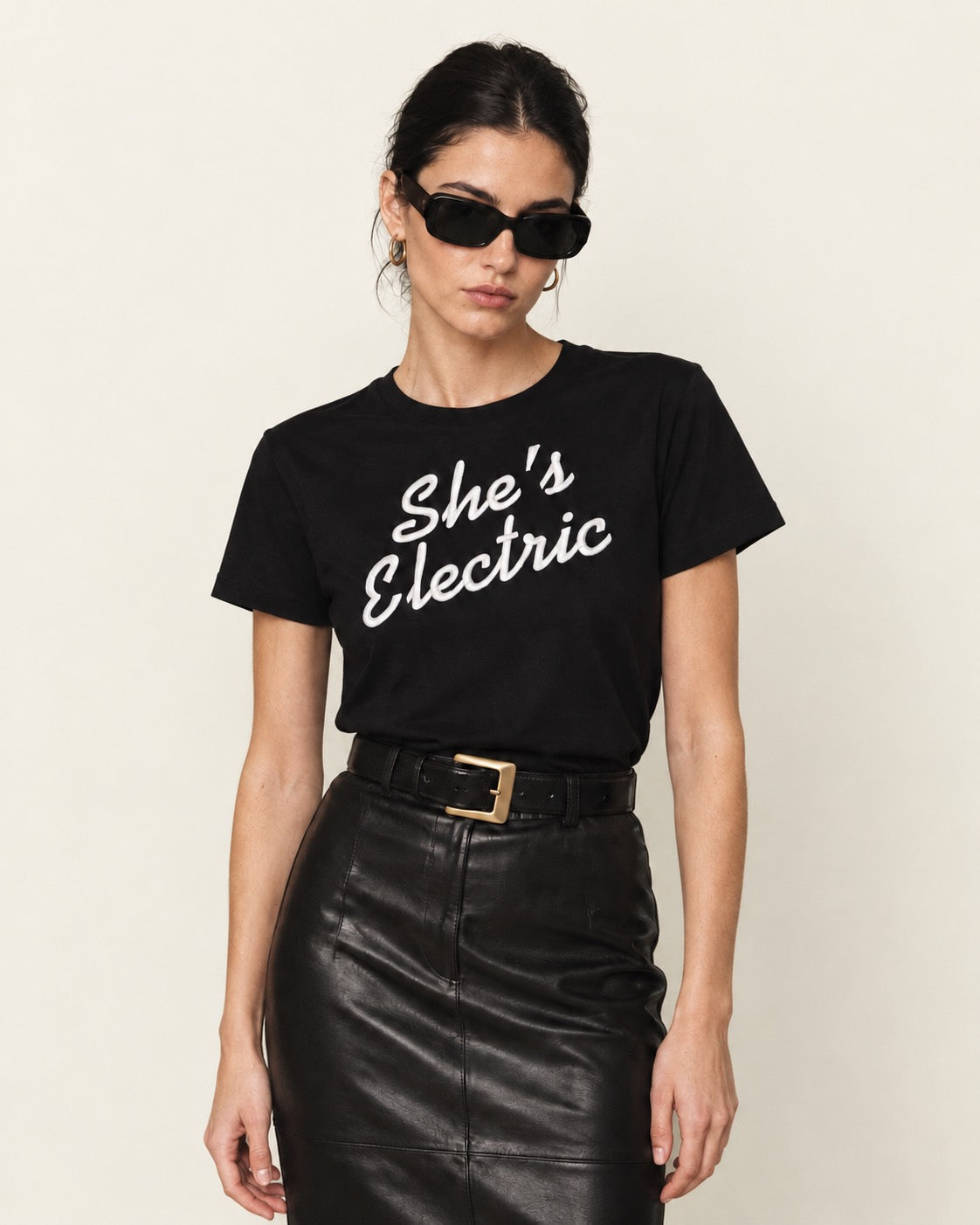 'SHE'S ELECTRIC' retro slogan embroidered premium organic women's classic fit 'Muser' t-shirt - sizes XS-5XL