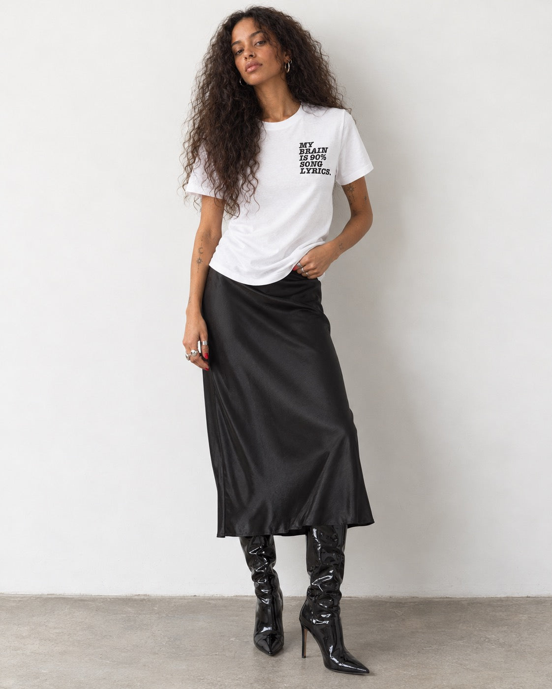 'MY BRAIN IS 90% SONG LYRICS' women's left chest embroidered premium organic medium fit 'Muser' t-shirt