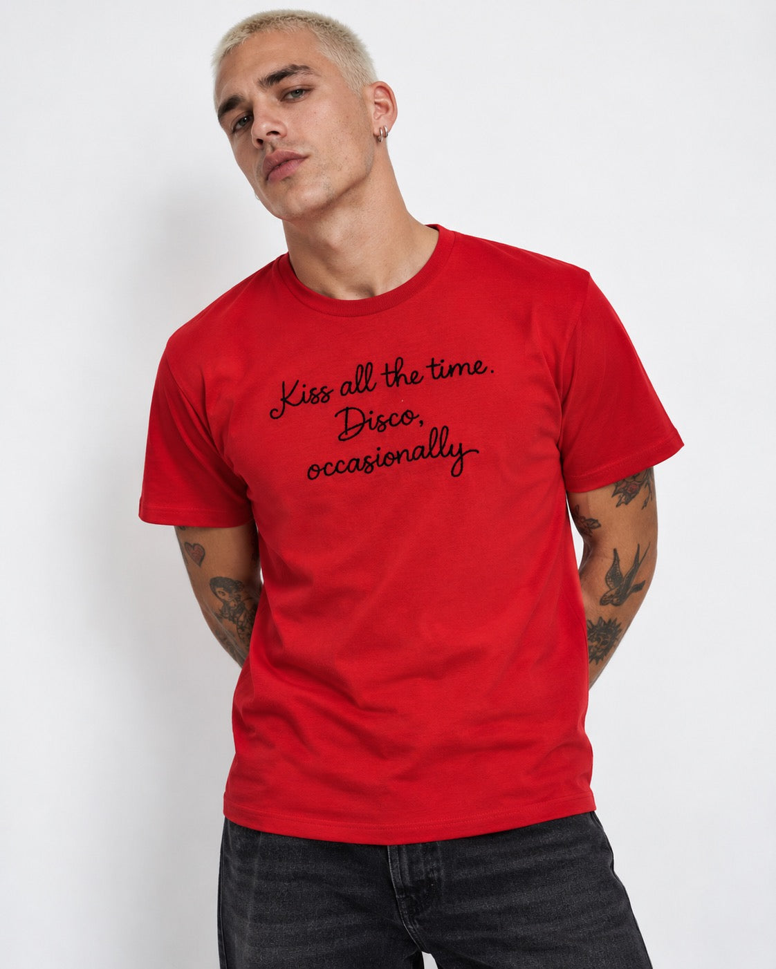 Men's 'KISS ALL THE TIME, DISCO OCCASIONALLY' embroidered premium organic 'Creator' t-shirt
