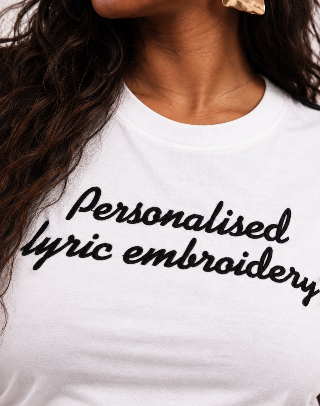 Personalised Lyric Centre Chest Embroidered premium organic iconic women's 'Muser' t-shirt - choose your own lyrics, font and thread colour