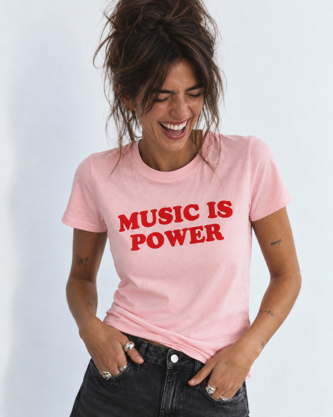 'MUSIC IS POWER' embroidered premium organic iconic women's 'Muser' t-shirt
