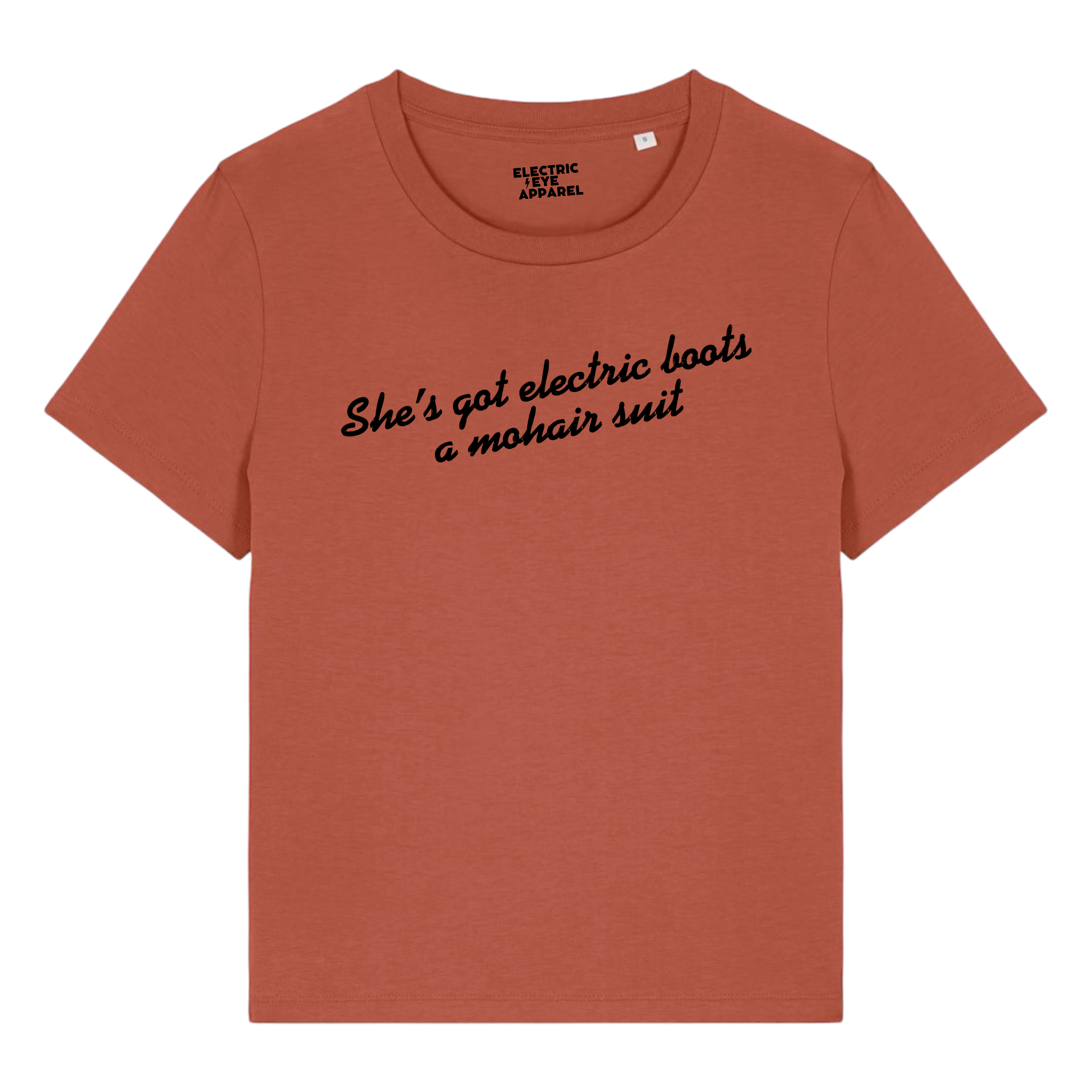 'SHE'S GOT ELECTRIC BOOTS, A MOHAIR SUIT' embroidered organic women's 'muser' t-shirt - inspired by Elton John