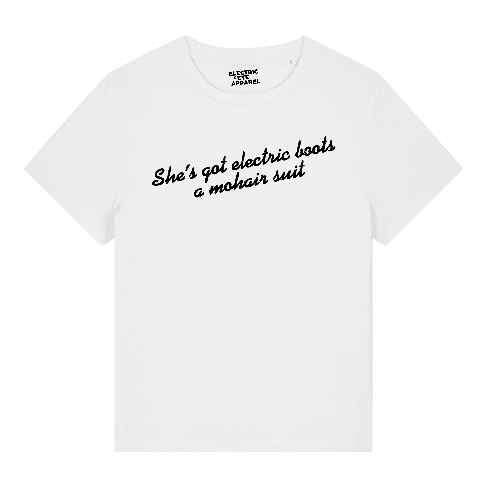 'SHE'S GOT ELECTRIC BOOTS, A MOHAIR SUIT' embroidered organic women's 'muser' t-shirt - inspired by Elton John