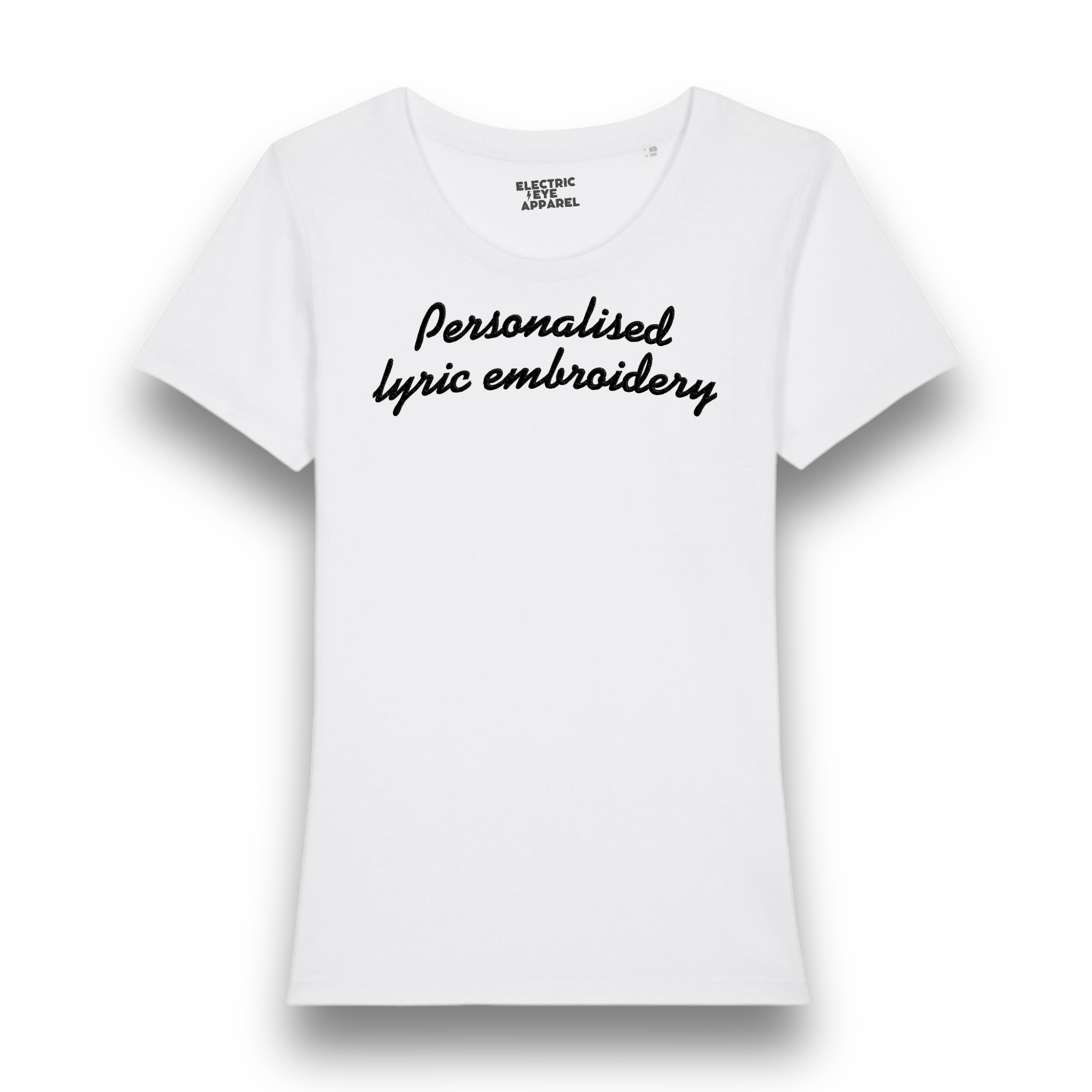 Personalised Lyric Centre Chest Embroidered premium organic iconic women's fitted 'Expresser' t-shirt - choose your own lyrics, font and thread colour