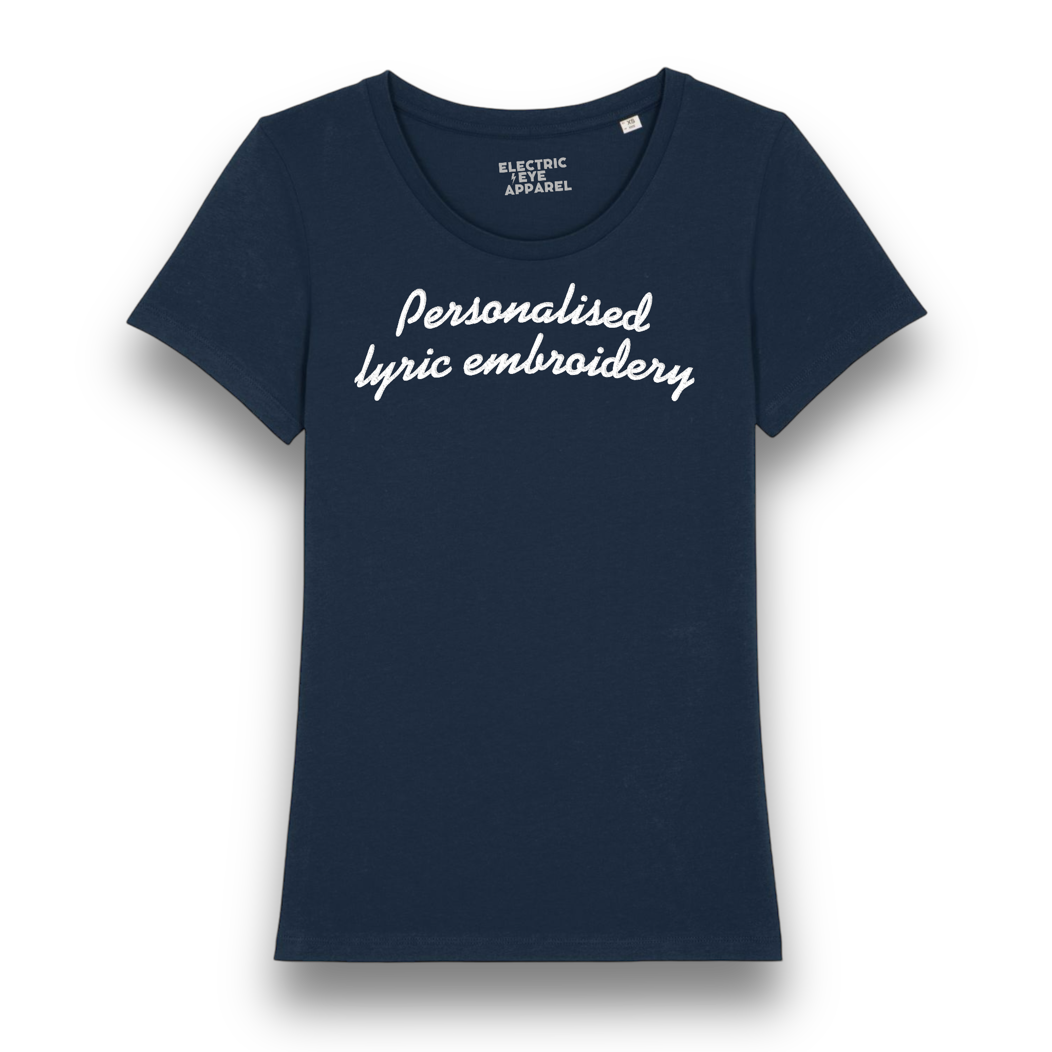 Personalised Lyric Centre Chest Embroidered premium organic iconic women's fitted 'Expresser' t-shirt - choose your own lyrics, font and thread colour