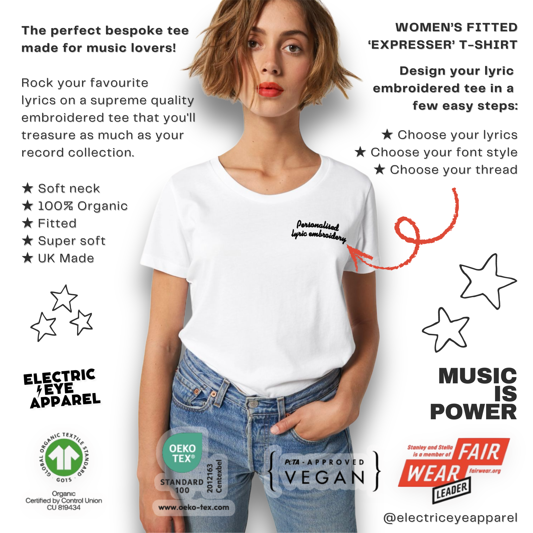 Personalised Lyric Left Chest Embroidered premium organic iconic women's fitted 'Expresser' t-shirt - choose your own lyrics, font and thread colour