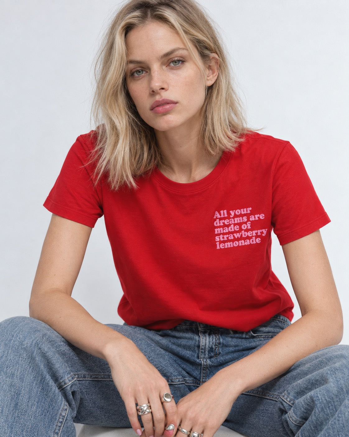 'ALL YOUR DREAMS ARE MADE OF STRAWBERRY LEMONADE' left chest embroidered premium organic iconic mid-light women's 'serena' t-shirt - inspired by Oasis