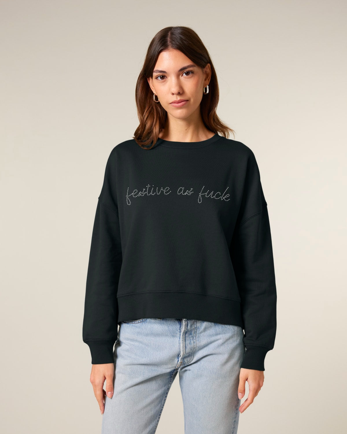 'FESTIVE AS F CK' mini star embroidered organic women's dropped shoulder 'alma' sweatshirt
