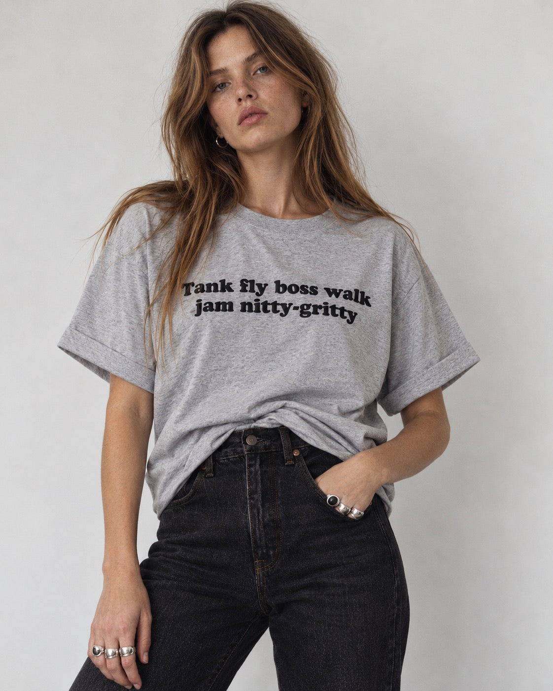 'TANK FLY BOSS WALK JAM NITTY-GRITTY' embroidered premium organic women's 1990;s oversized collider t-shirt.