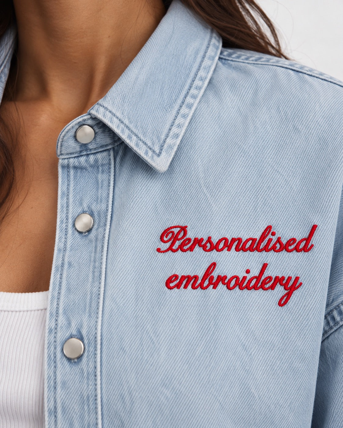 NEW Women's Personalised Left Chest Embroidered Oversized Women's Denim 'Ember' Overshirt  - choose your own words, font, thread colour