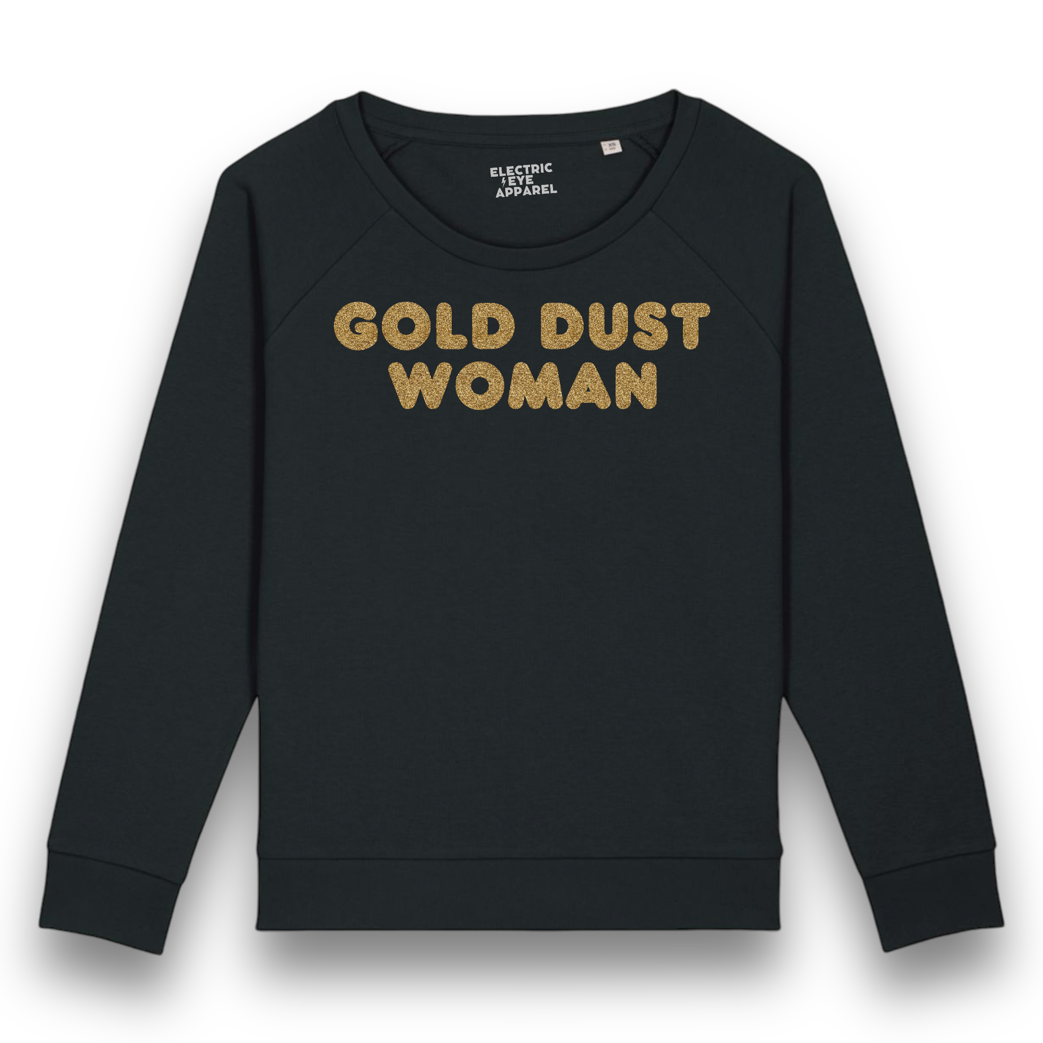 'GOLD DUST WOMAN' gold glitter embroidered organic relaxed fit women's raglan 'dazzler' sweatshirt - inspired by Fleetwood Mac / Stevie Nicks