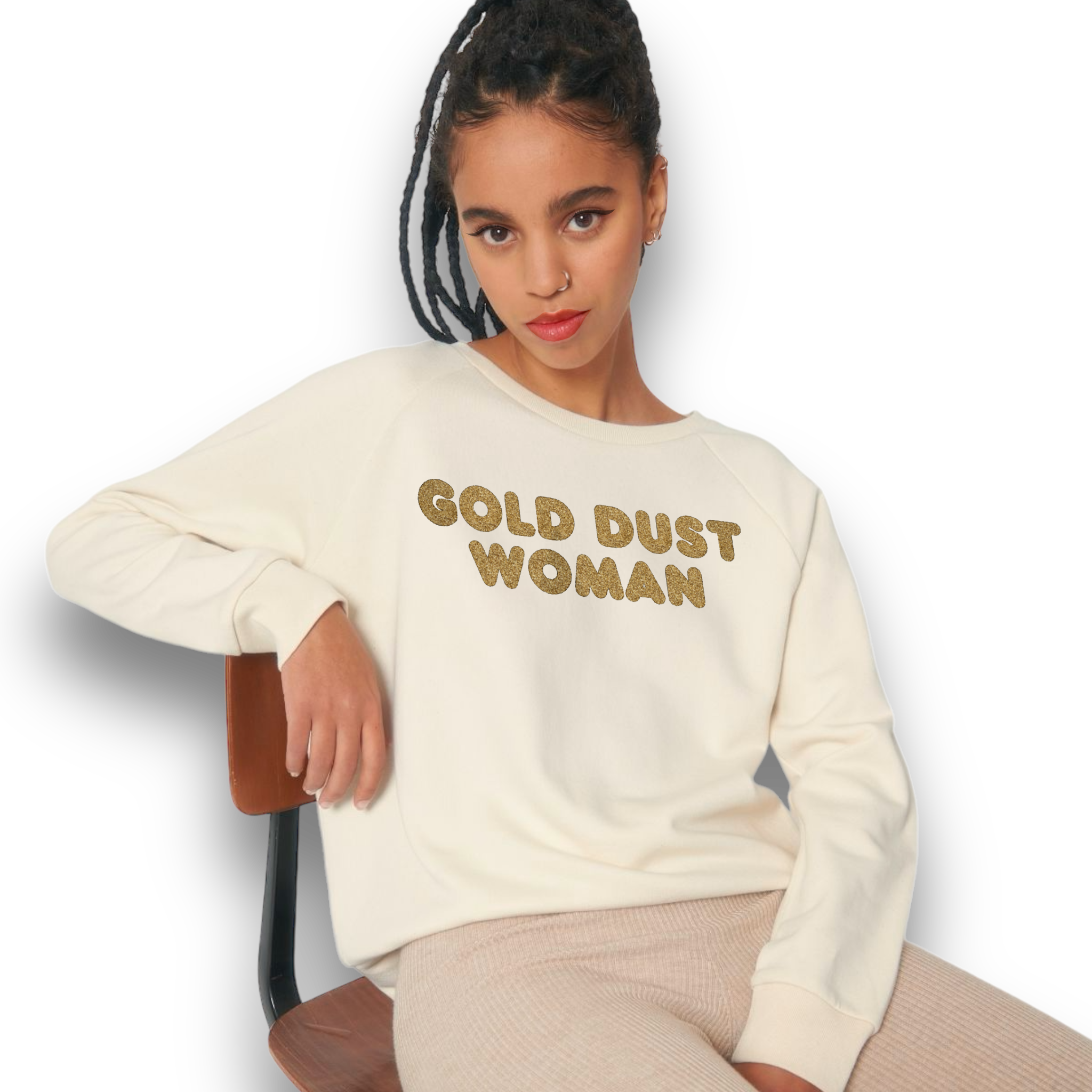 'GOLD DUST WOMAN' gold glitter embroidered organic relaxed fit women's raglan 'dazzler' sweatshirt - inspired by Fleetwood Mac / Stevie Nicks