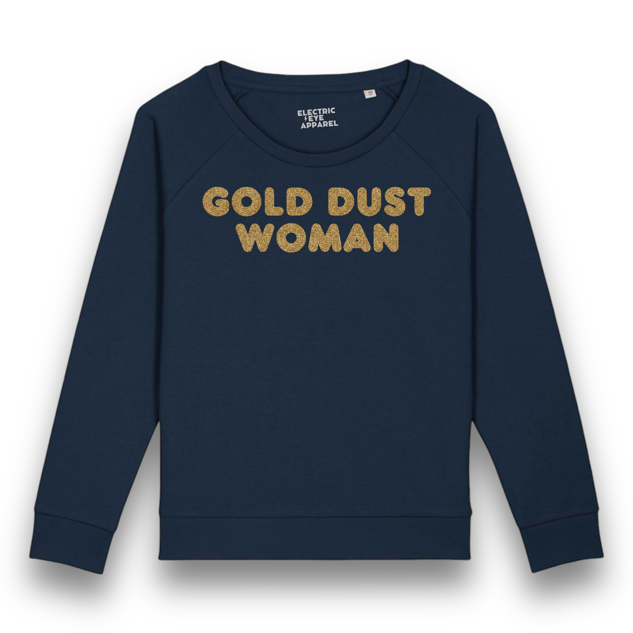 'GOLD DUST WOMAN' gold glitter embroidered organic relaxed fit women's raglan 'dazzler' sweatshirt - inspired by Fleetwood Mac / Stevie Nicks