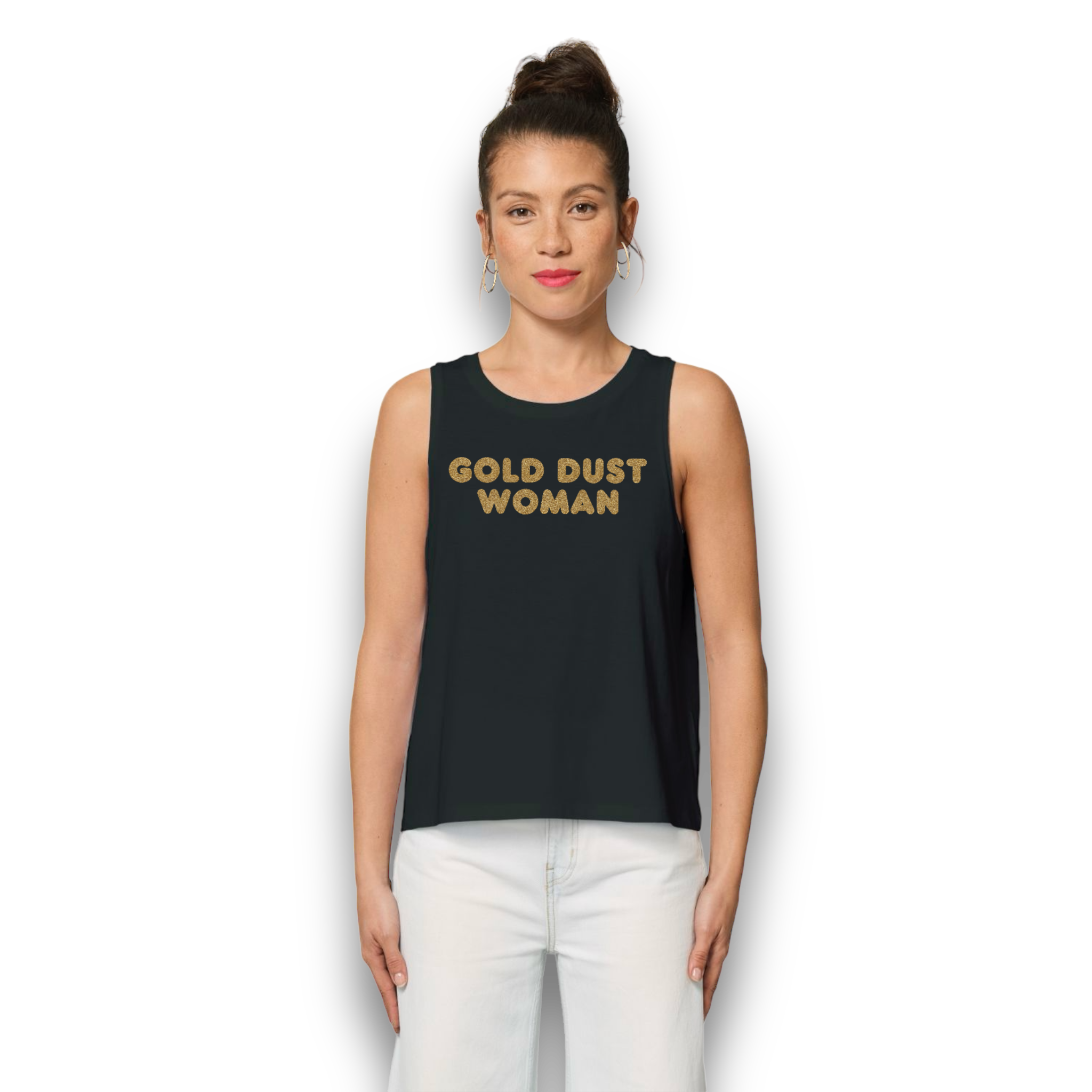 'GOLD DUST WOMAN' gold glitter embroidered women's organic cotton 'dancer' tank top - inspired by Fleetwood Mac / Stevie Nicks