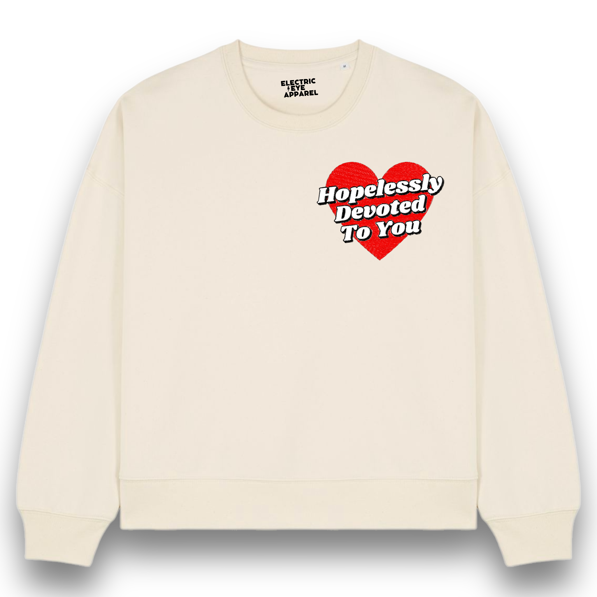 'HOPELESSLY DEVOTED TO YOU' left chest embroidered organic women's dropped shoulder 'alma' sweatshirt - inspired by Olivia Newton-John