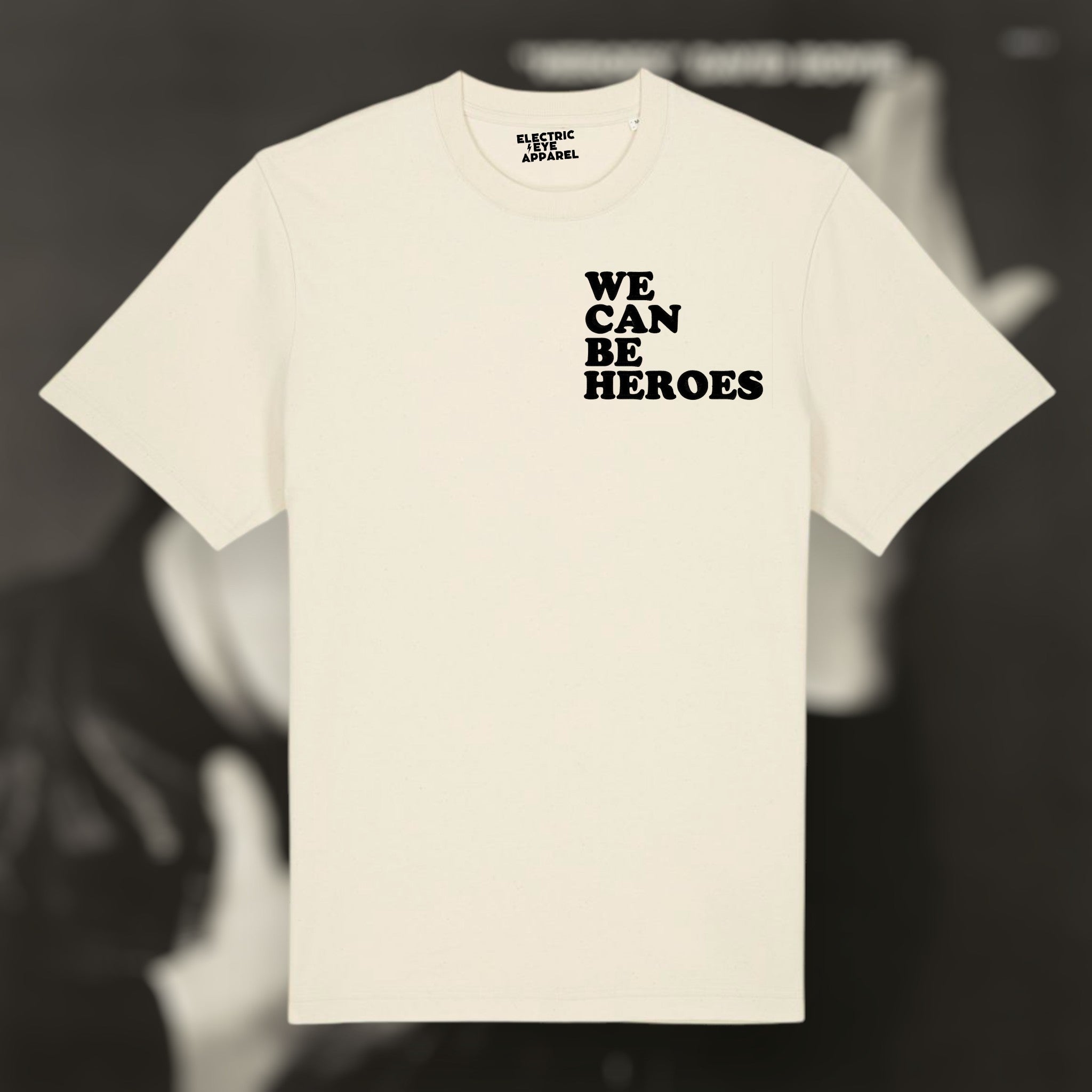 'WE CAN BE HEROES' bold left chest embroidered premium organic unisex heavy 'sparker 2.0' t-shirt - inspired by David Bowie