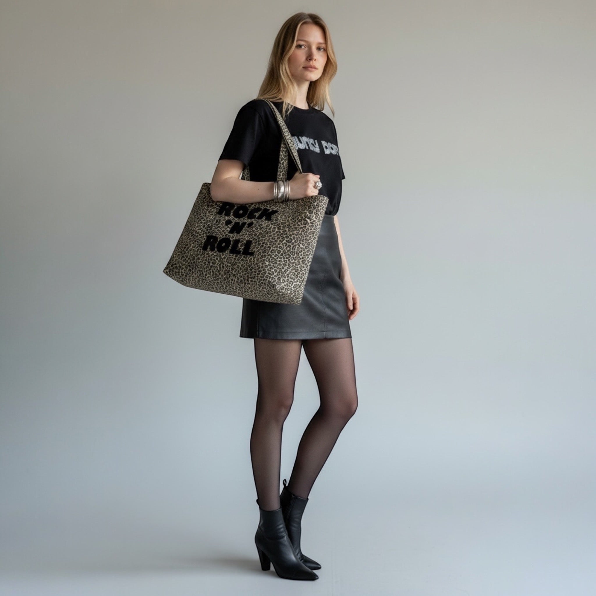 'ROCK 'N' ROLL' embroidered vintage leopard print oversized tote bag - option to monogram