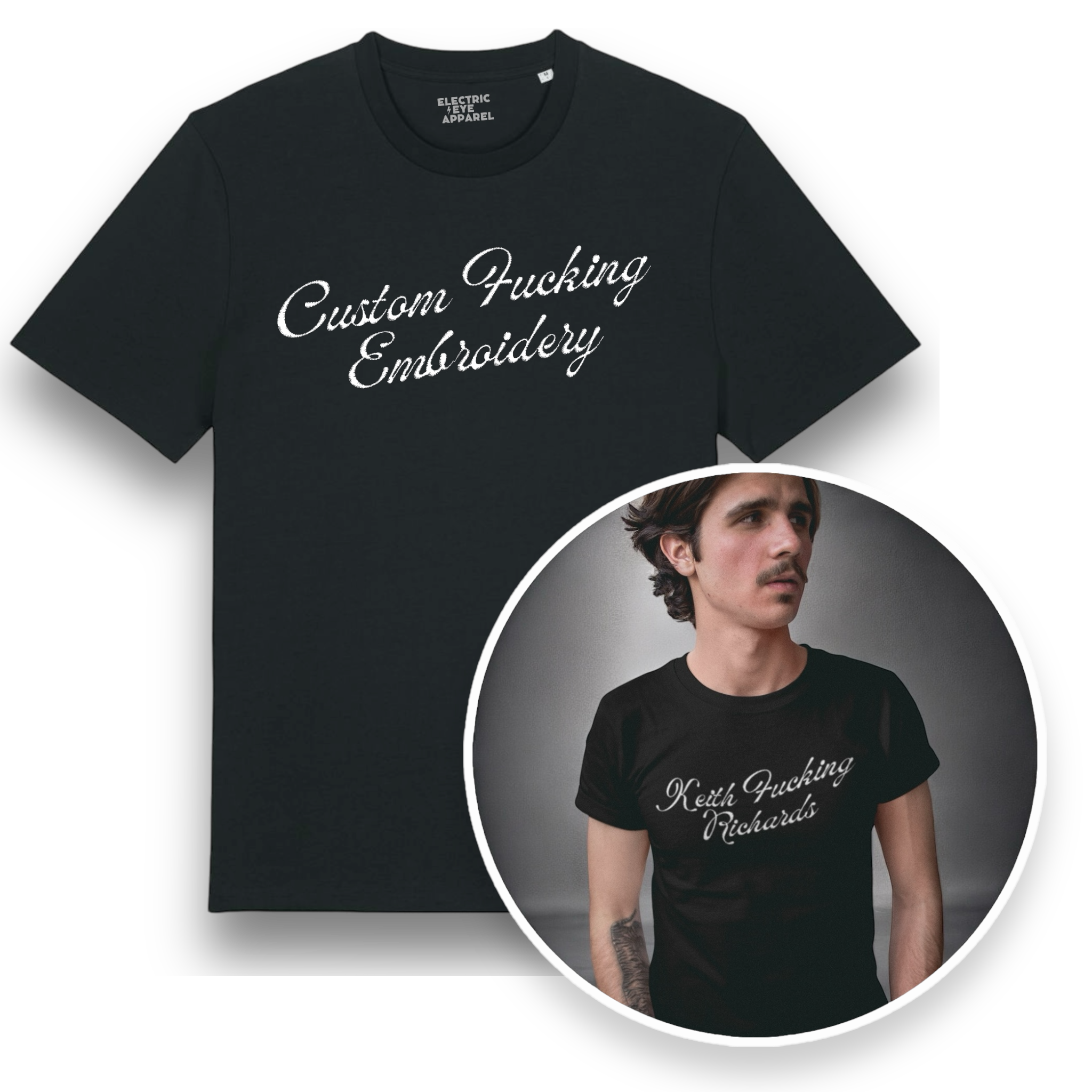 Custom Fucking Embroidery - choose your own name embroidered on a premium organic iconic men's 'Rocker' t-shirt - custom thread colour