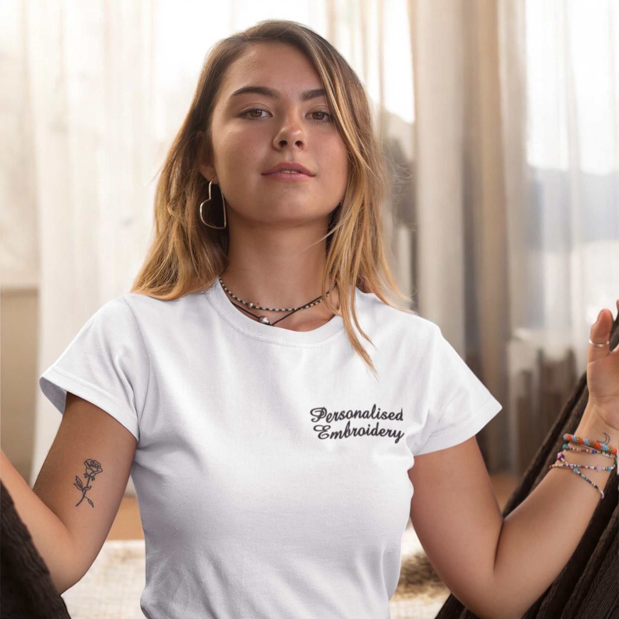 Personalised Lyric Left Chest Embroidered premium organic women's iconic mid-light 'Sienna' t-shirt - choose your own lyrics, font and thread colour