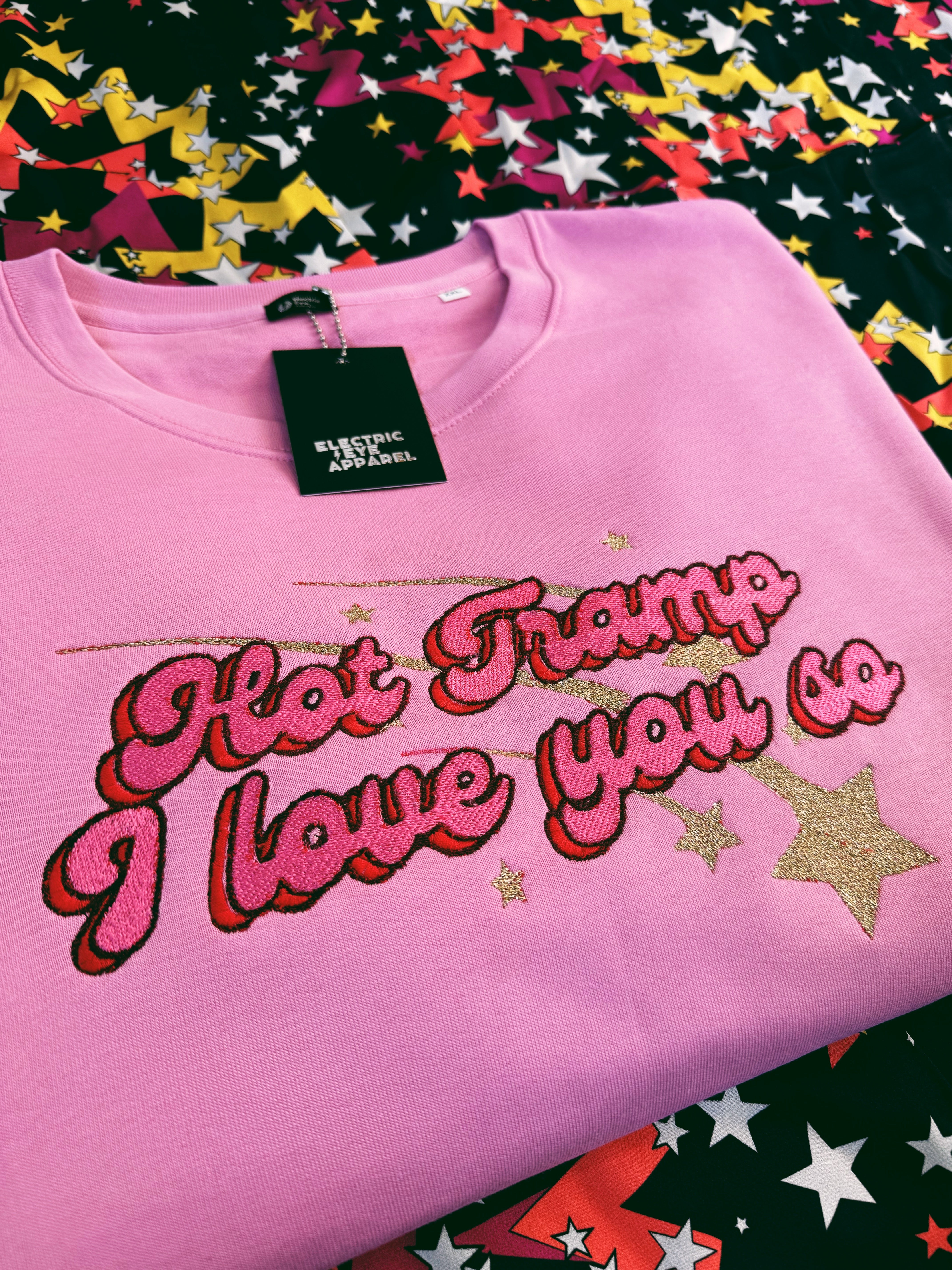 Limited Edition 'HOT TRAMP I LOVE YOU SO' 1970s glitter star embroidered organic women's dropped shoulder 'alma' sweatshirt - inspired by David Bowie