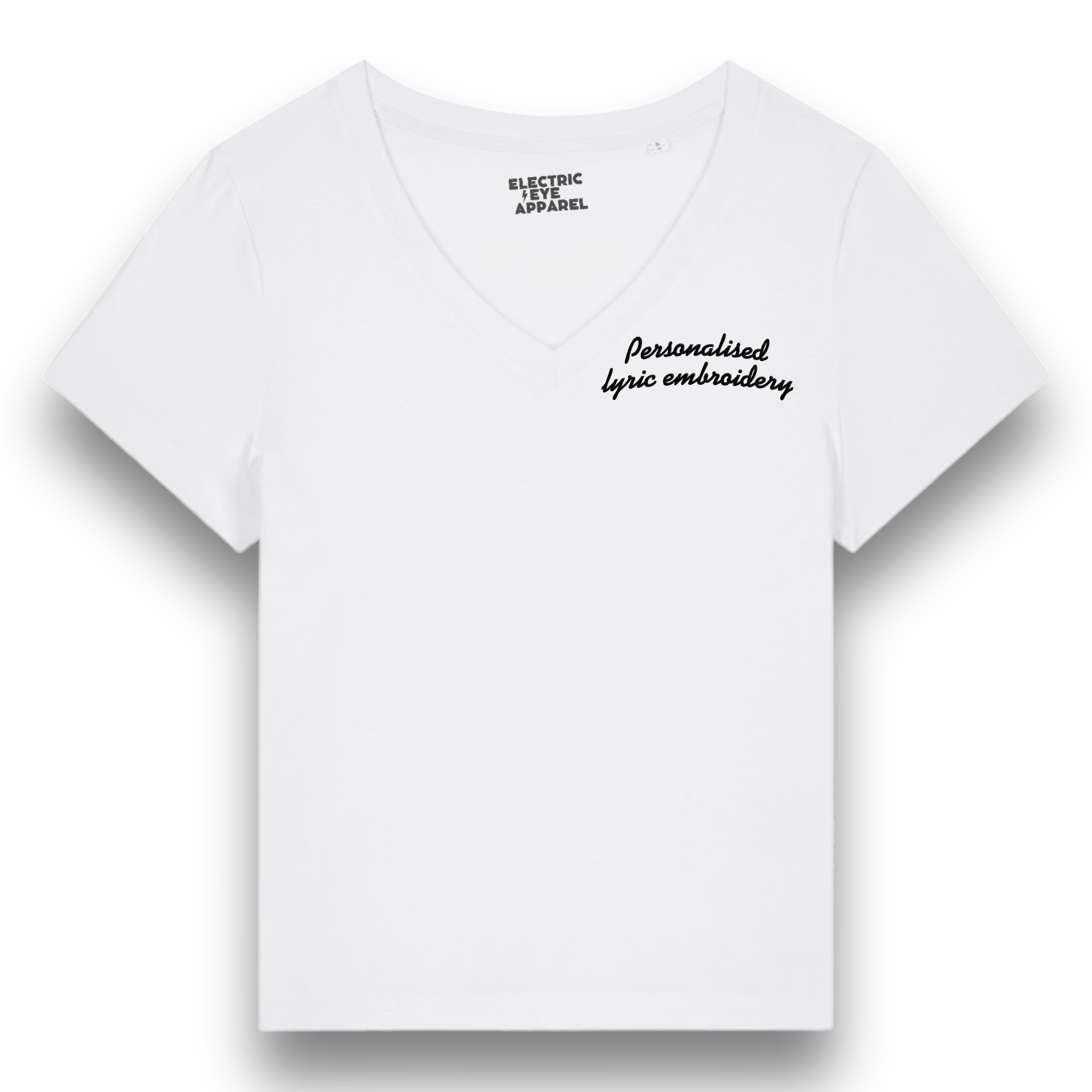 Personalised Lyric Left Chest Embroidered premium organic iconic women's v-neck 'Isla' t-shirt - choose your own lyrics, font and thread colour