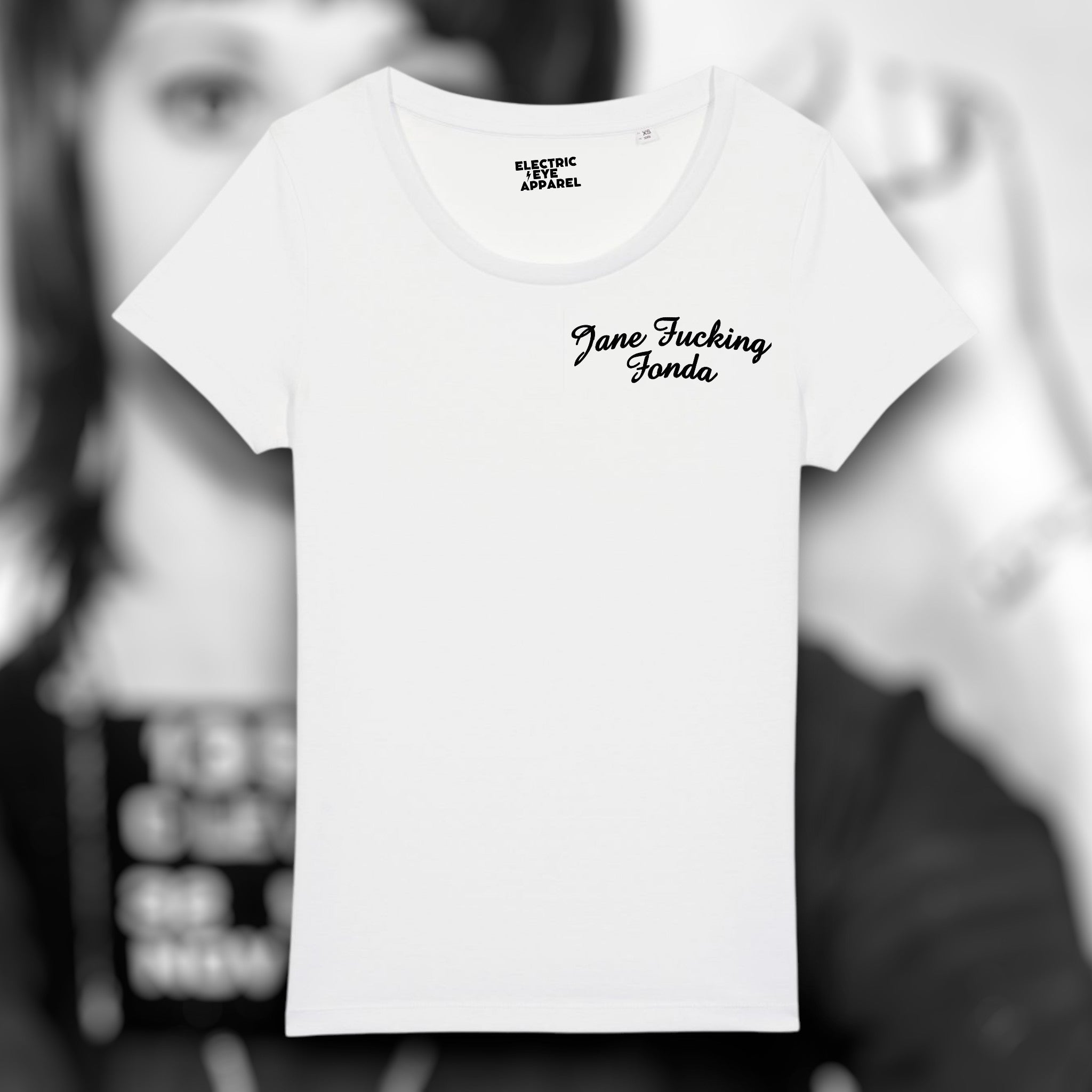 'JANE F*CKING FONDA' left chest embroidered premium organic iconic mid-light women's scoop neck 'jazzer' t-shirt