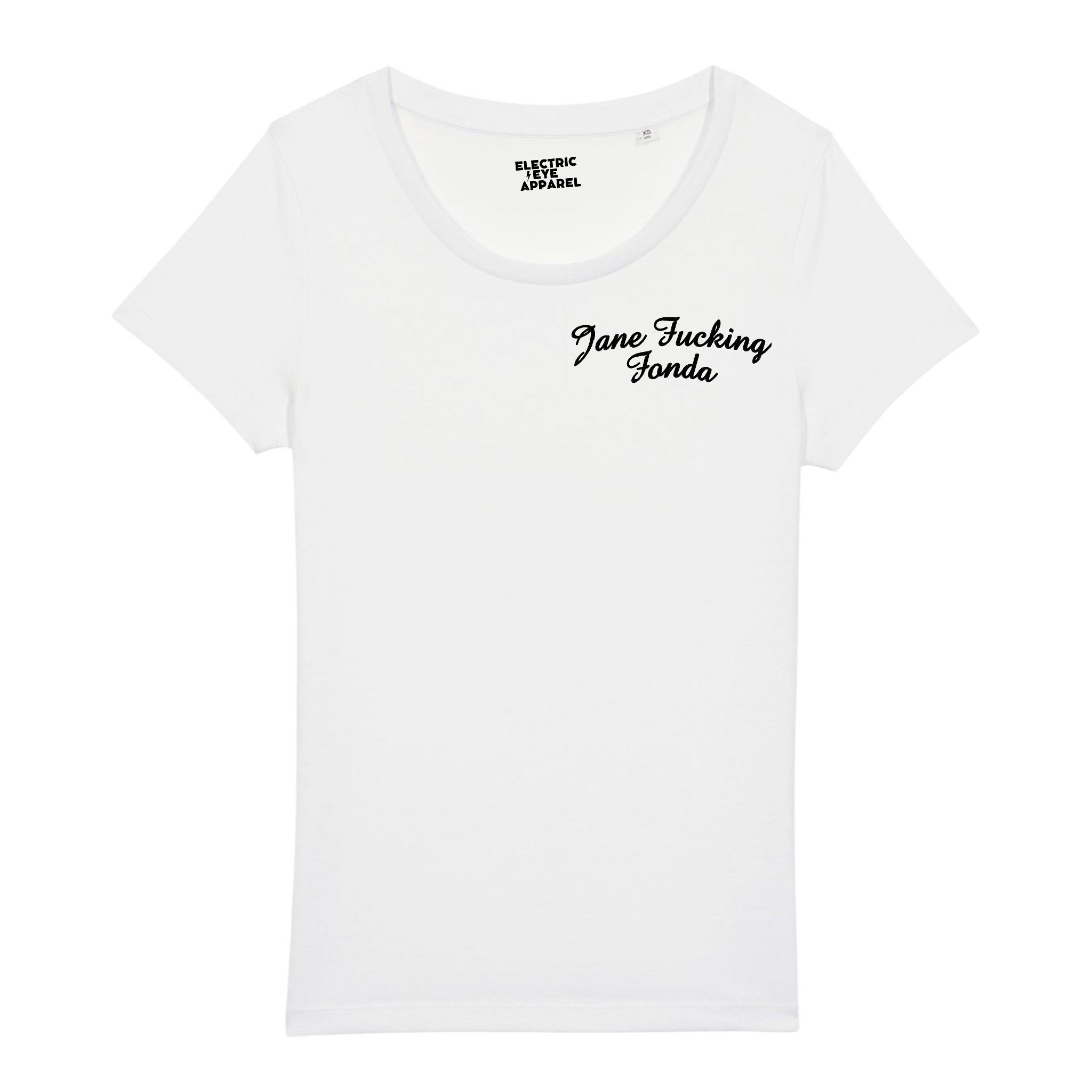 'JANE F*CKING FONDA' left chest embroidered premium organic iconic mid-light women's scoop neck 'jazzer' t-shirt