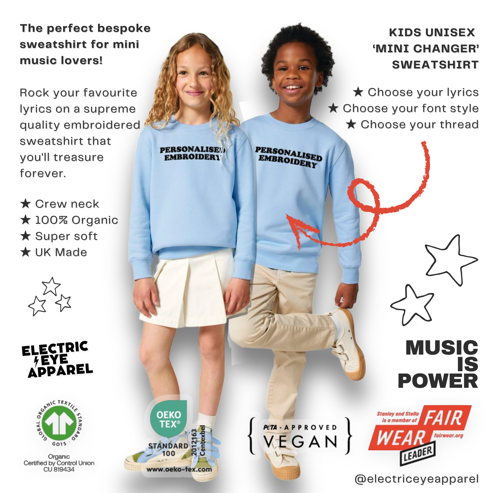 Personalised Lyric Centre Chest Embroidered premium organic iconic kids classic 'Mini Changer' sweatshirt - choose your own lyrics, font and thread colour