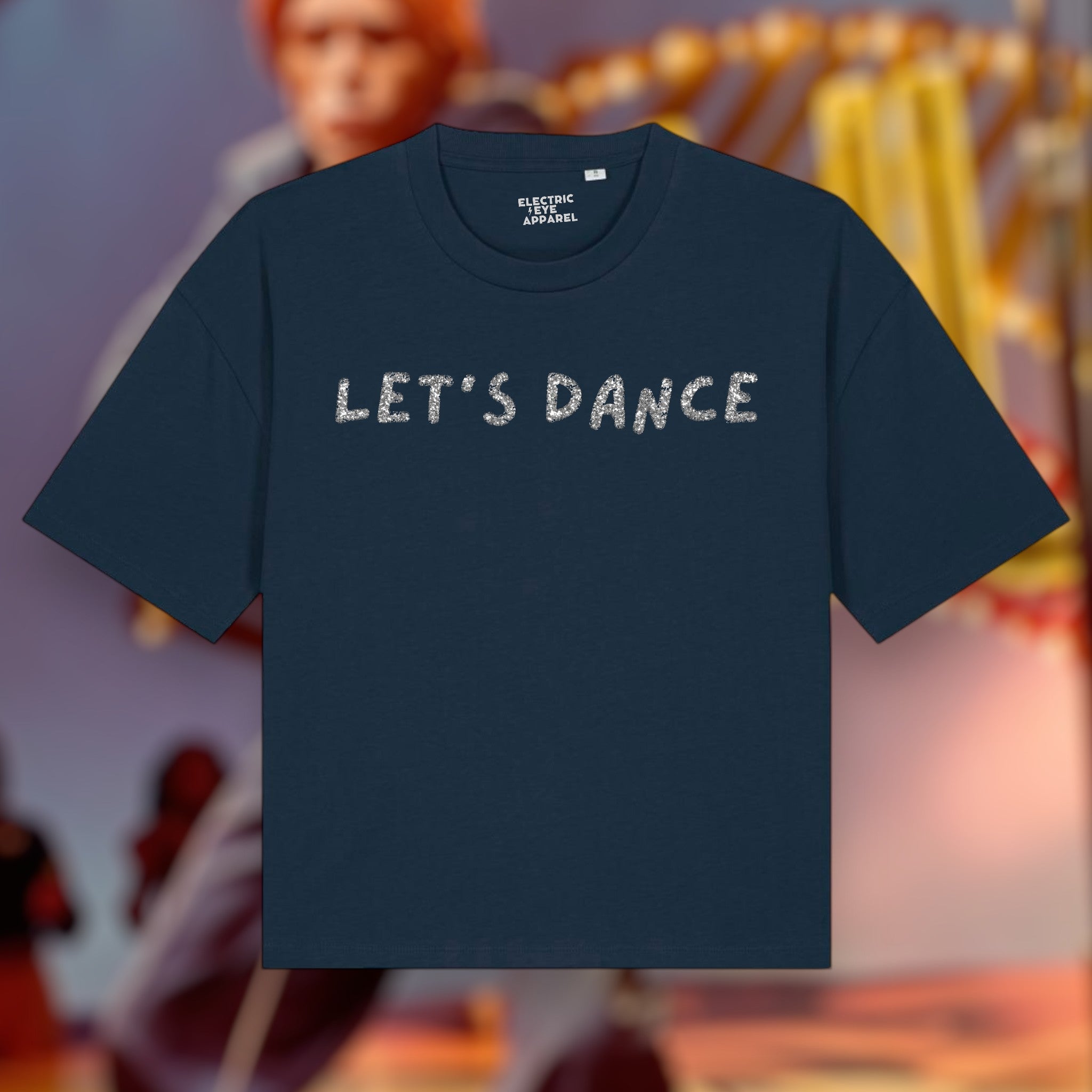 'LET'S DANCE' glitter embroidered premium organic women's boxy 'nova' t-shirt - inspired by David Bowie